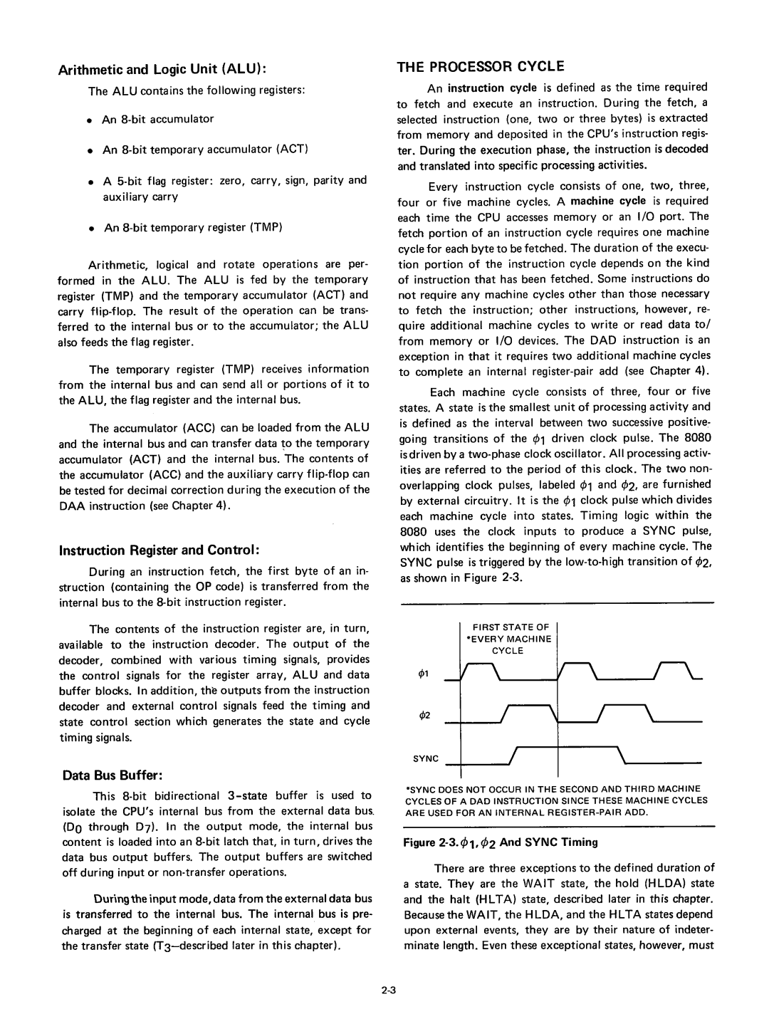 Intel 8080 manual Arithmetic and Logic Unit ALU, Instruction Register and Control, Data Bus Buffer, Processor Cycle 