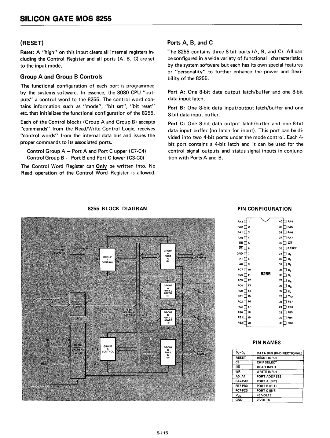 Intel 8080 manual Reset, Group a and Group B Controls, Ports A, B, and C, PIN Configuration 