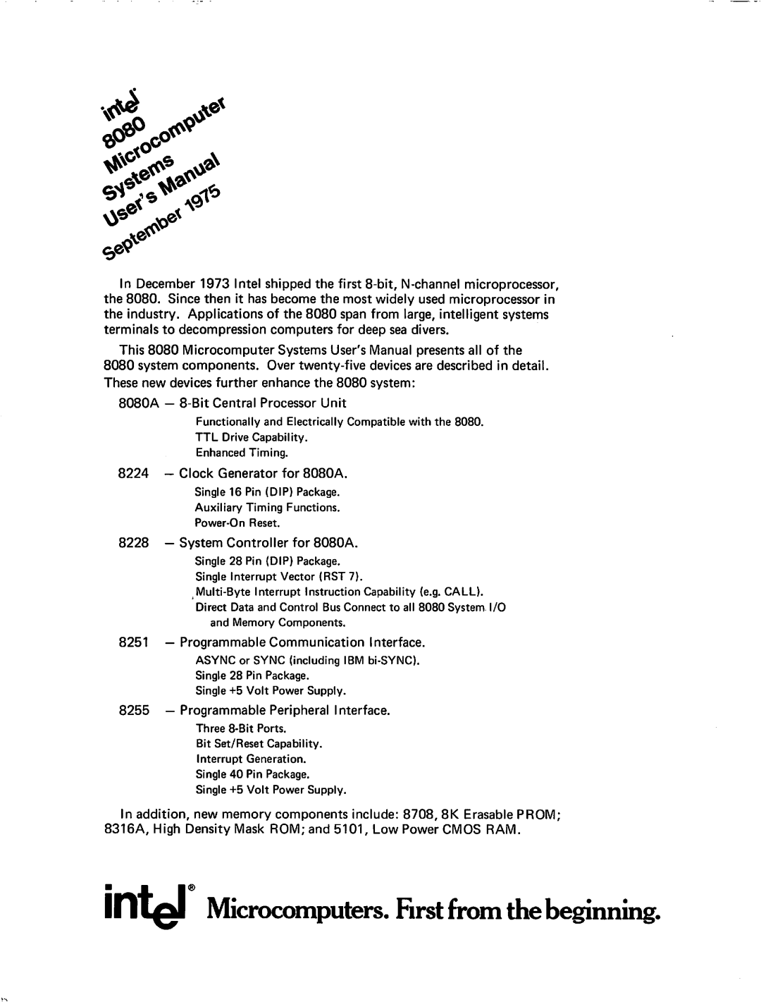 Intel manual Clock Generator for 8080A, System Controller for 8080A, Programmable Communication Interface 