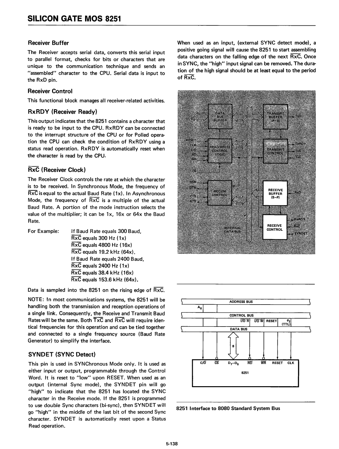 Intel 8080 manual Receiver Buffer, Receiver Control, RxRDY Receiver Ready, RxC Receiver Clock, Syndet Sync Detect 