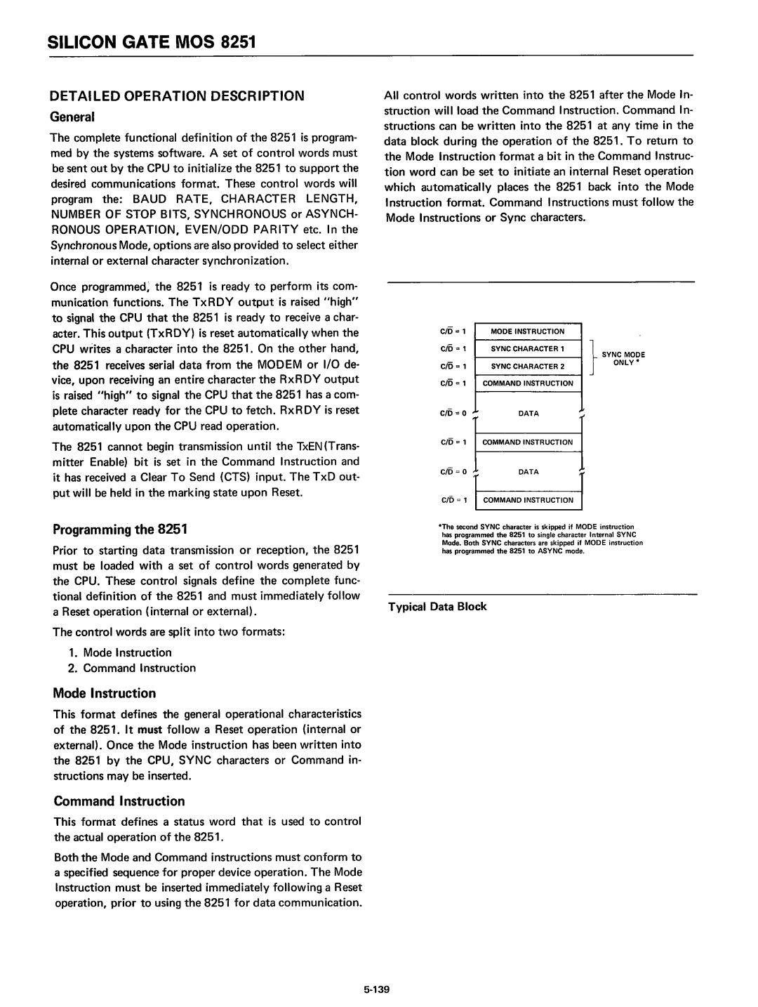 Intel 8080 manual Detailed Operation Description, Programming, Mode Instruction, Command Instruction, Typical Data Block 