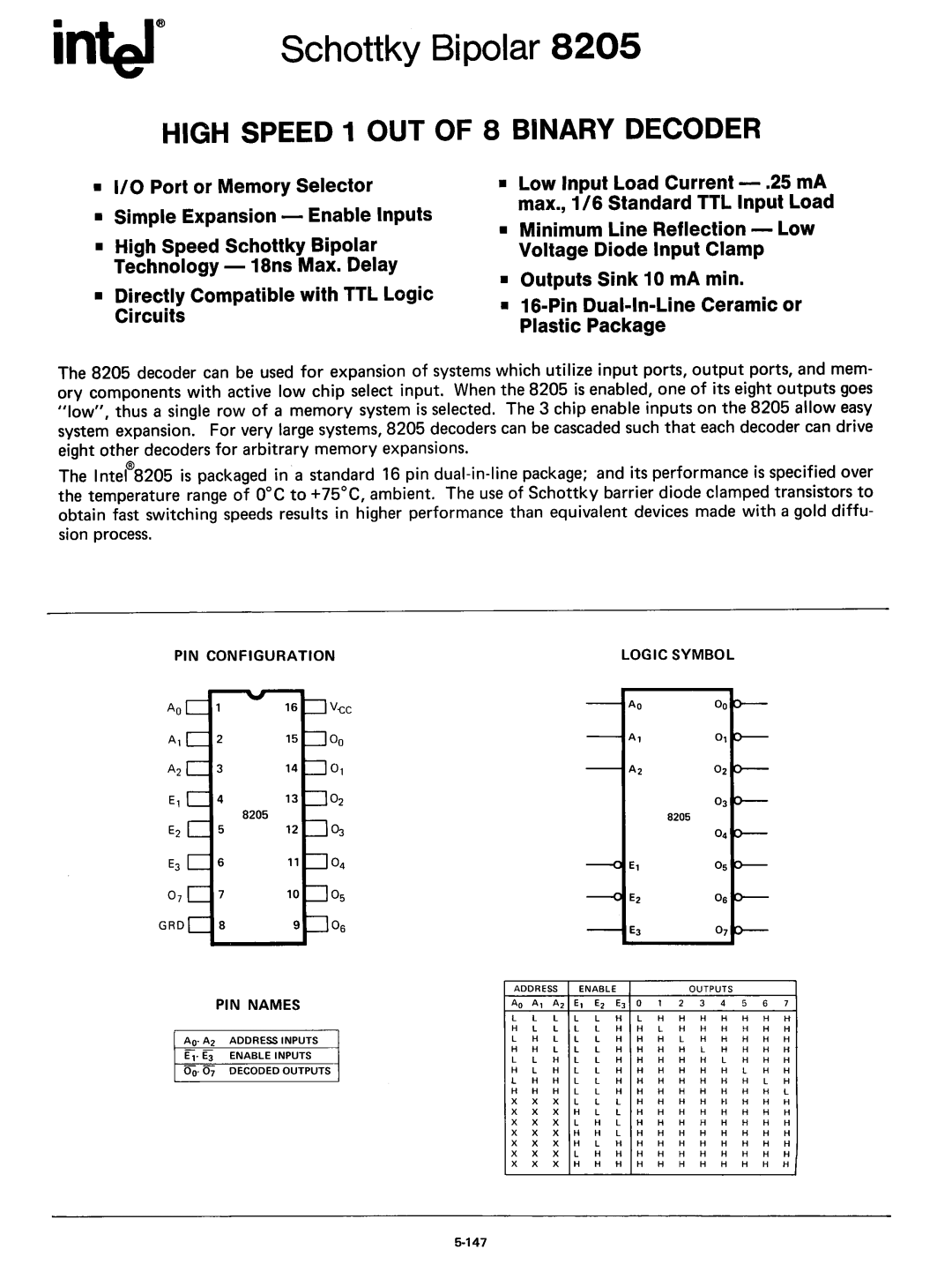 Intel 8080 manual High Speed 1 OUT of 8 Binary Decoder 