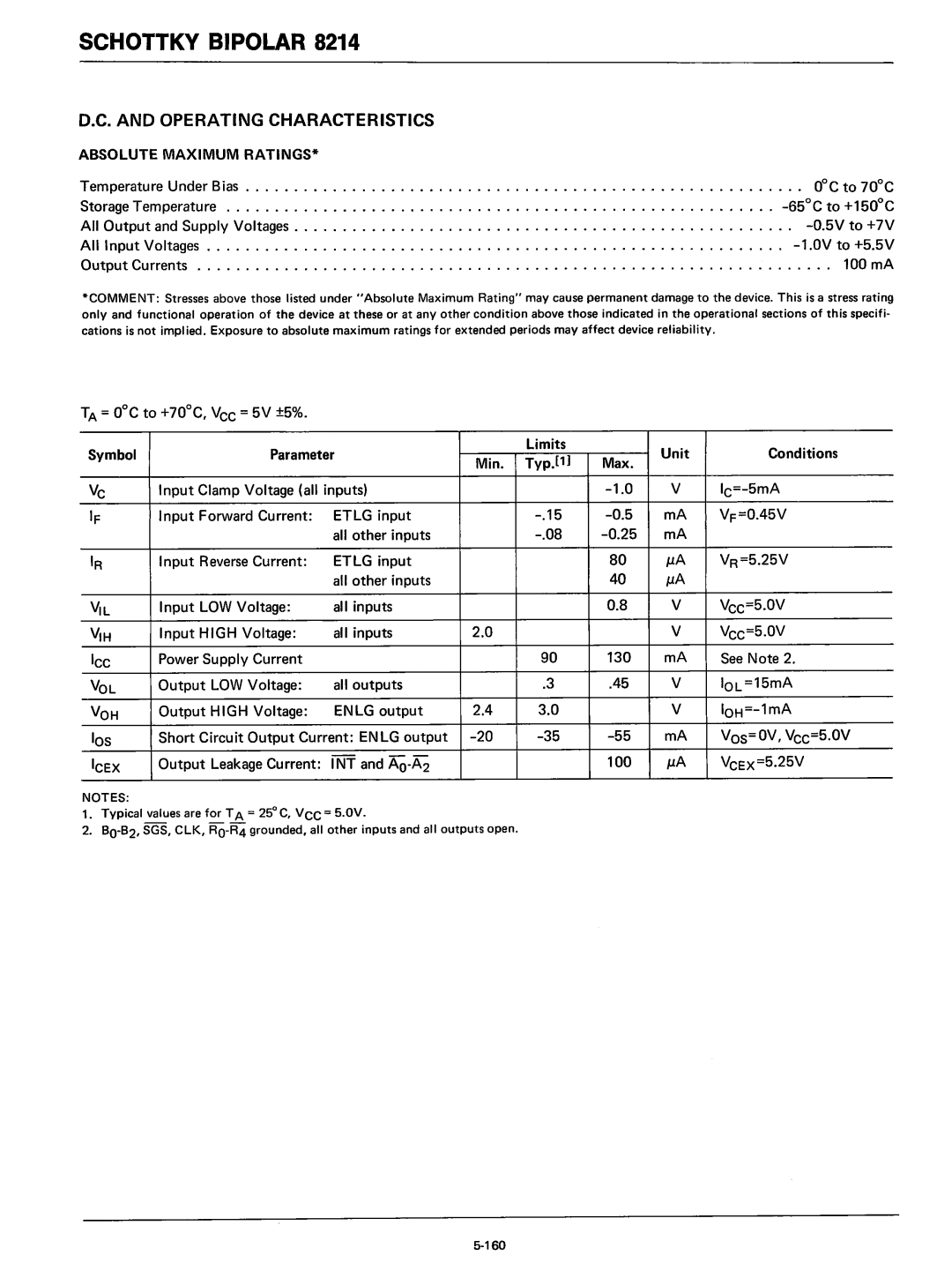 Intel 8080 Operating Characteristics, Symbol Parameter Limits Unit Conditions Min Typ.£1, Los, Absolute Maximum Ratings 