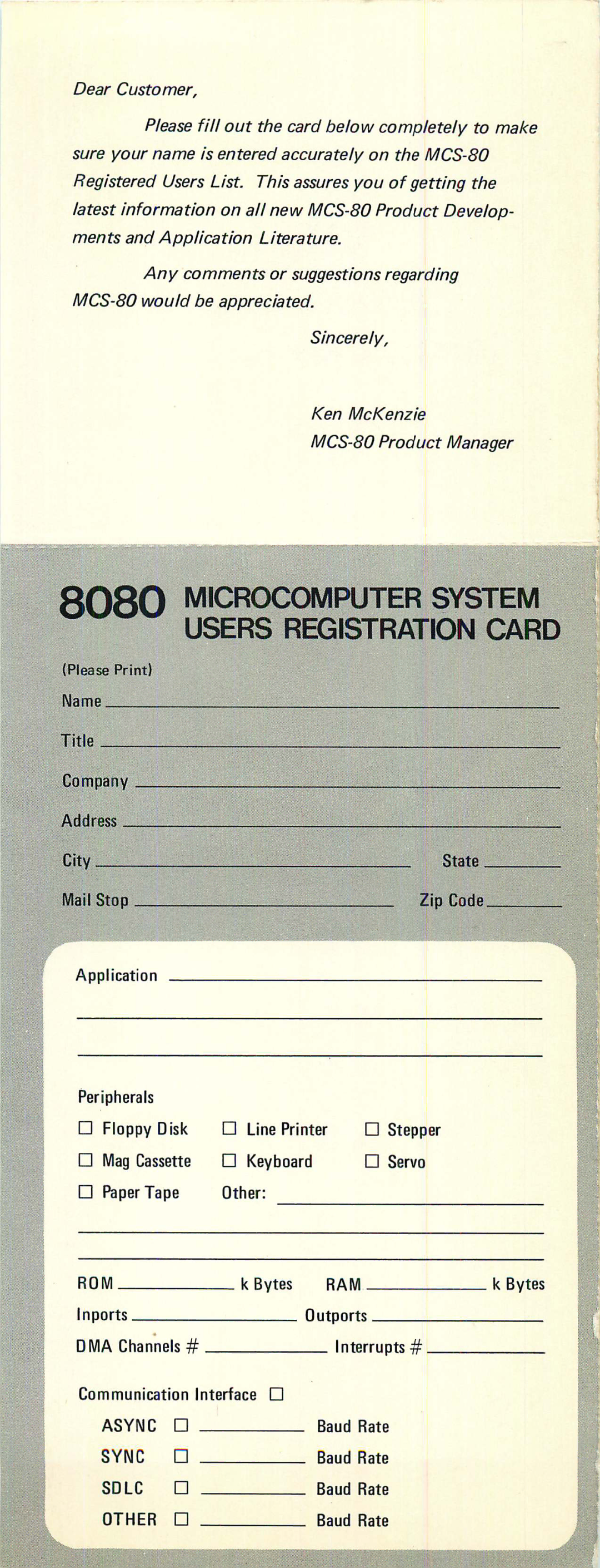 Intel 8080 manual Microcomputer System Users Registration Card 