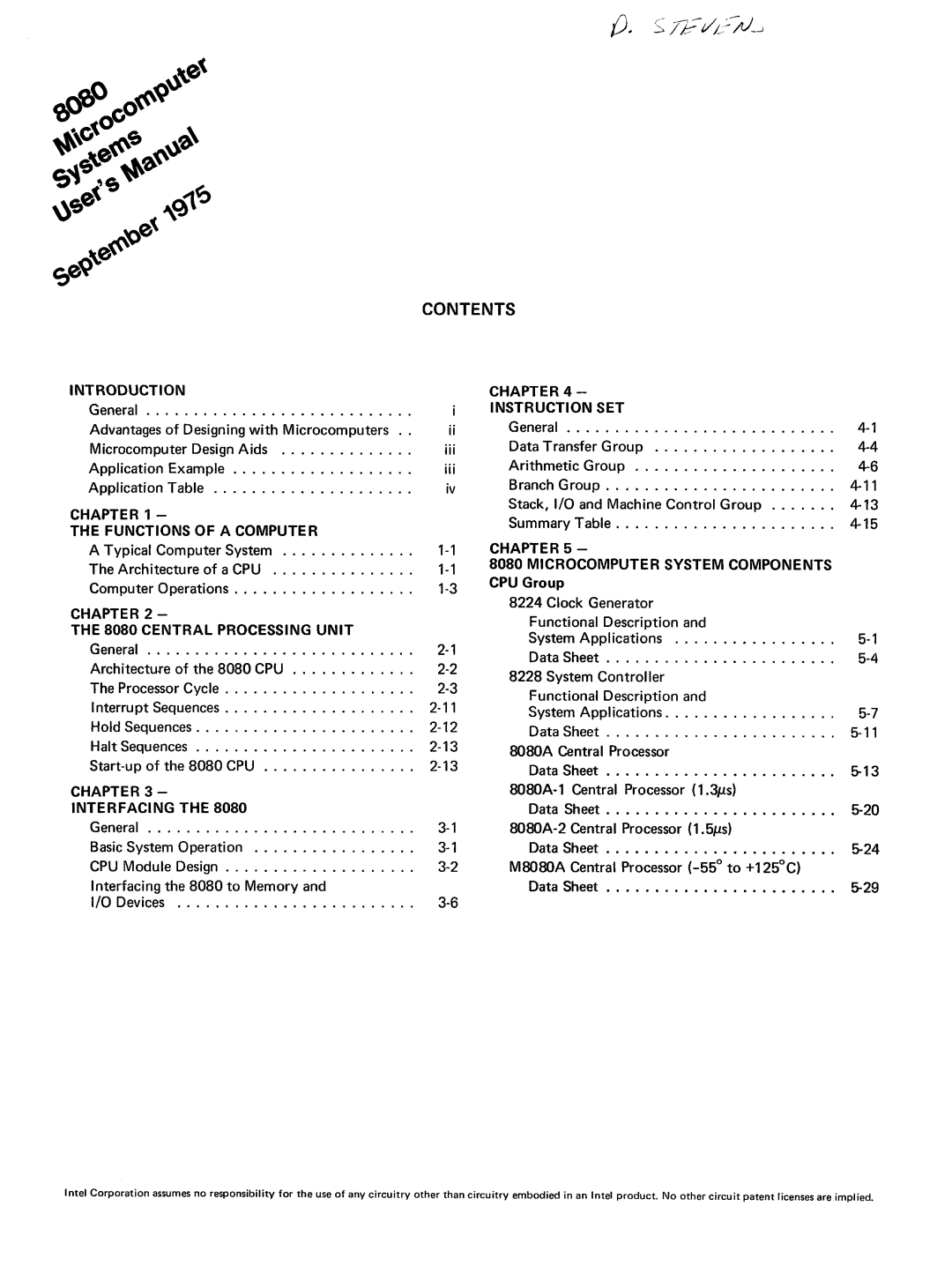 Intel 8080 manual Contents 