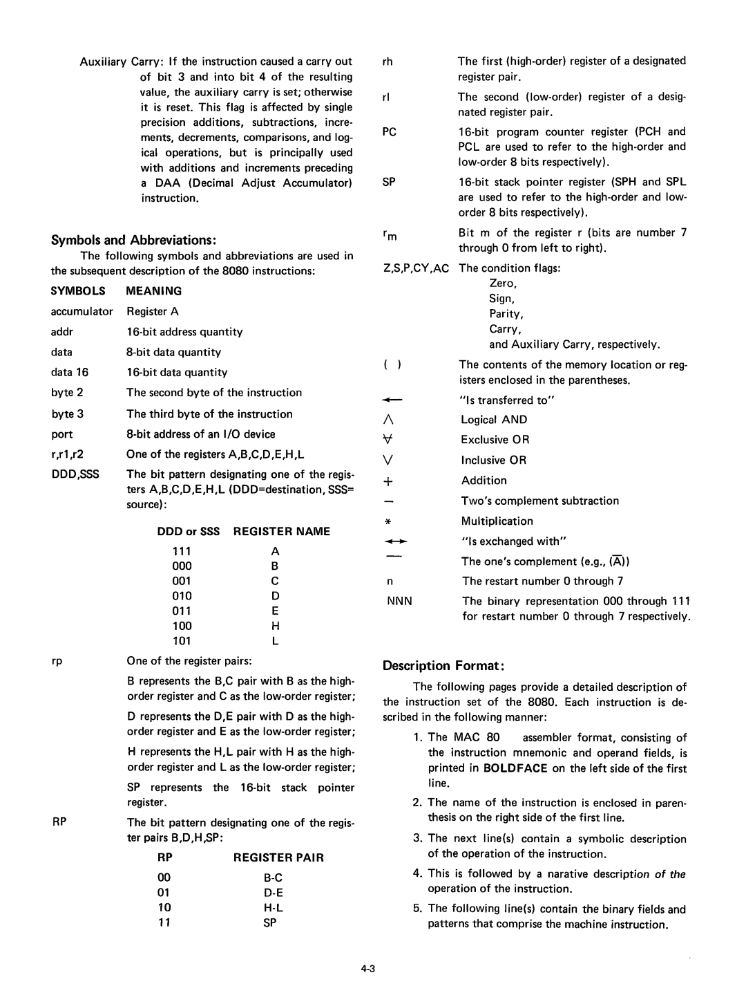 Intel 8080 manual Symbols and Abbreviations, Description Format, All, Symbols Meaning, Register Pair 