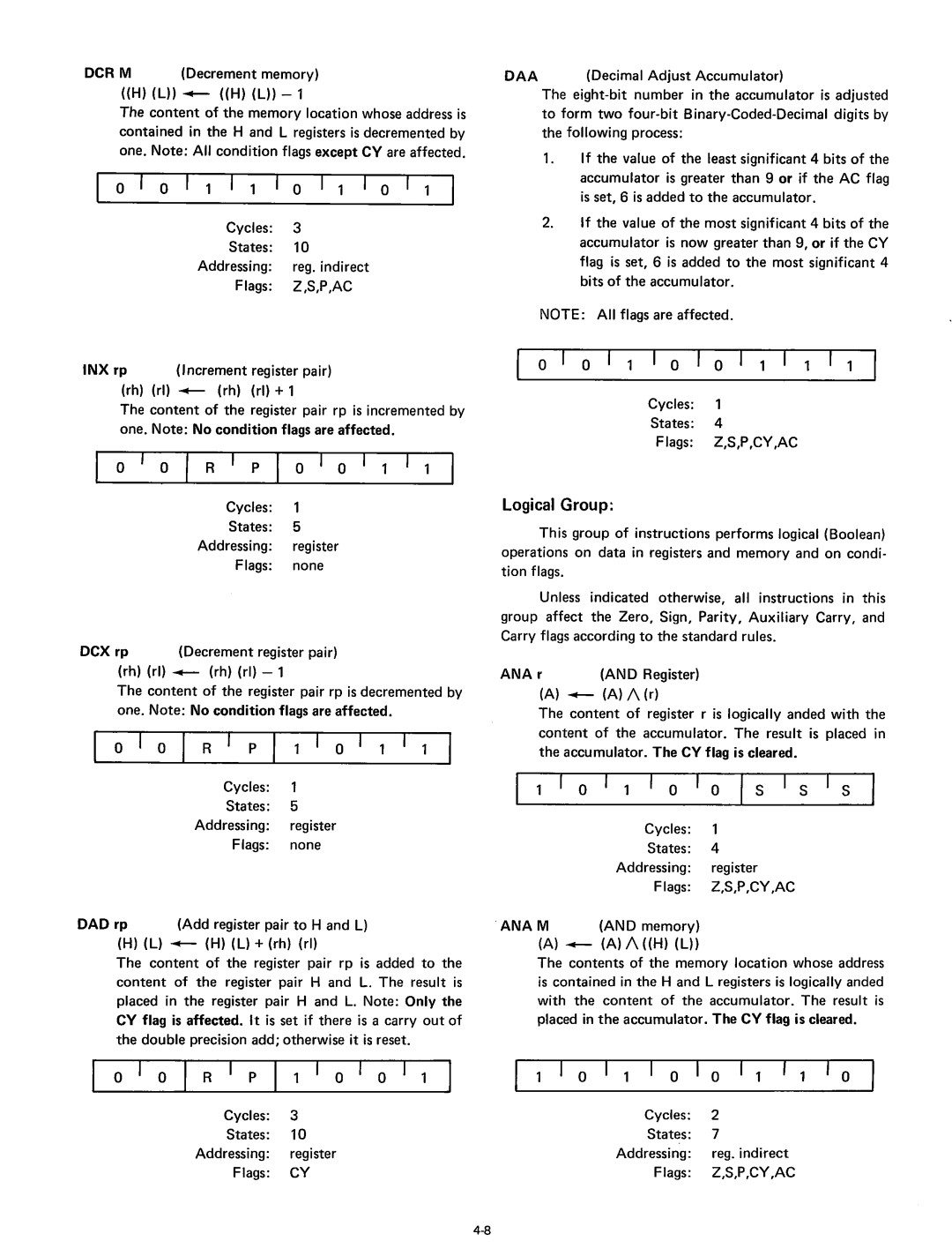 Intel 8080 manual I I, Logical Group, OCR M Decrement memory, Cycles States Addressing reg. indirect Flags Z,S,P ,CY,AC 