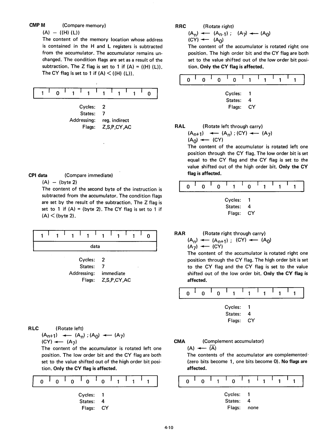 Intel 8080 manual 0 I 1 I, 0 I 0 1 I, 0 I 0 I, Cycles States Flags none 