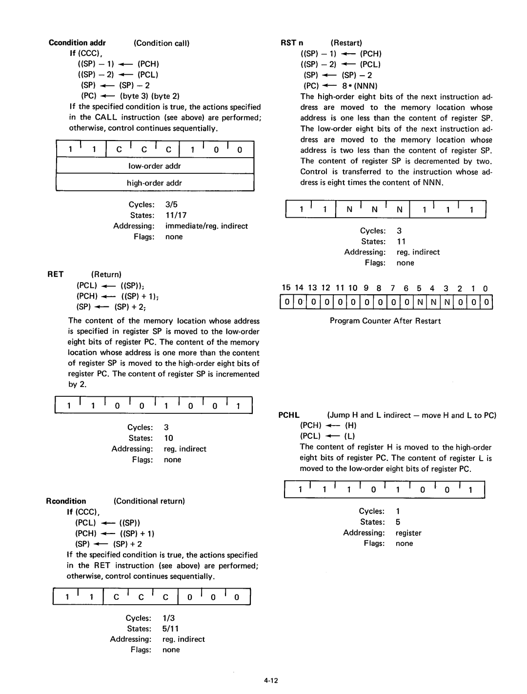 Intel 8080 manual I c c I c I 0 I 0 I, Ccondition addr, Sp ~ Sp + 