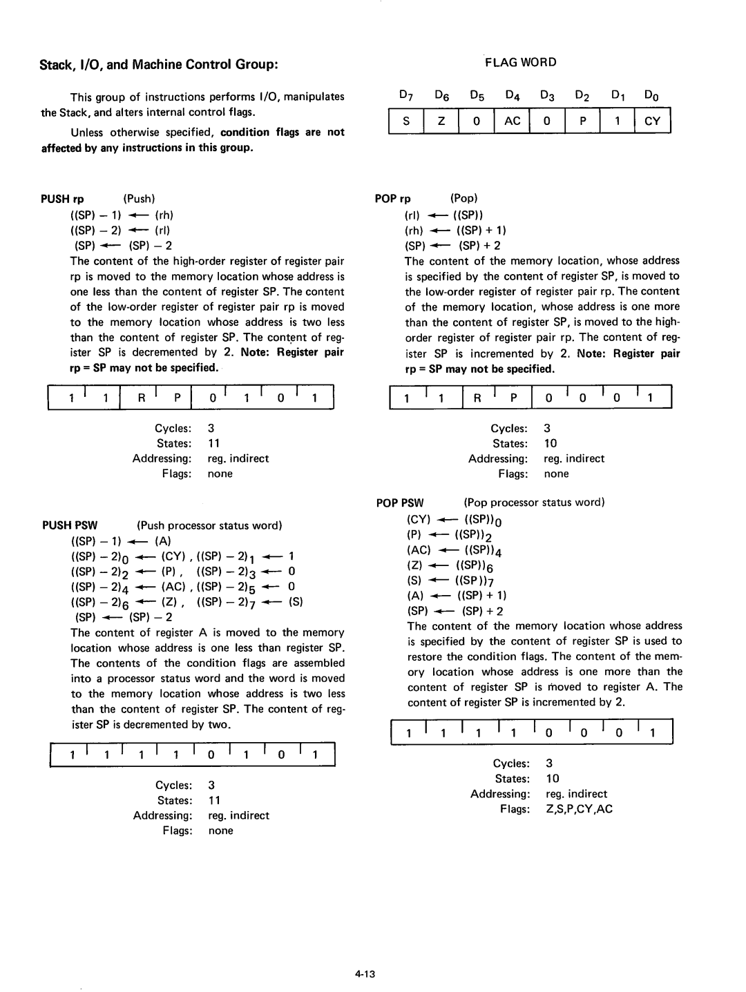 Intel 8080 manual Stack, I/O, and Machine Control Group, I 1 o, Push rp, 1 I R, POP rp 