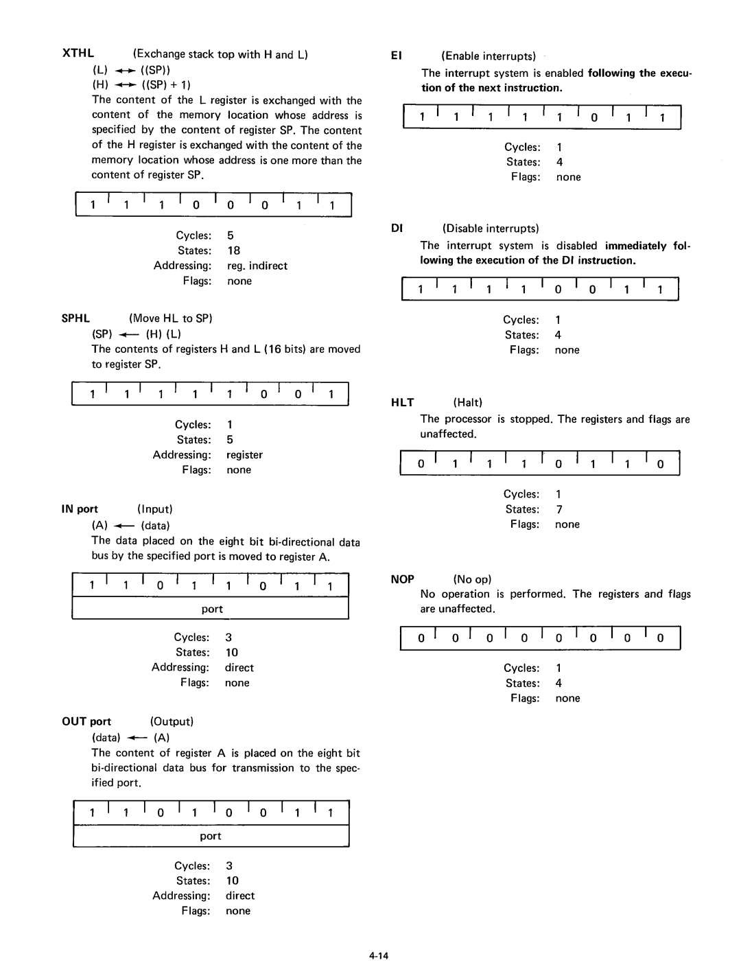 Intel 8080 manual Exchange stack top with Hand L, ~ Sp +, ~ data, Cycles States Flags None 