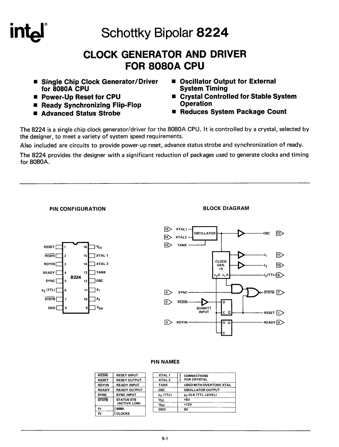 Intel 8080 manual Schottky Bipolar, PIN Names 