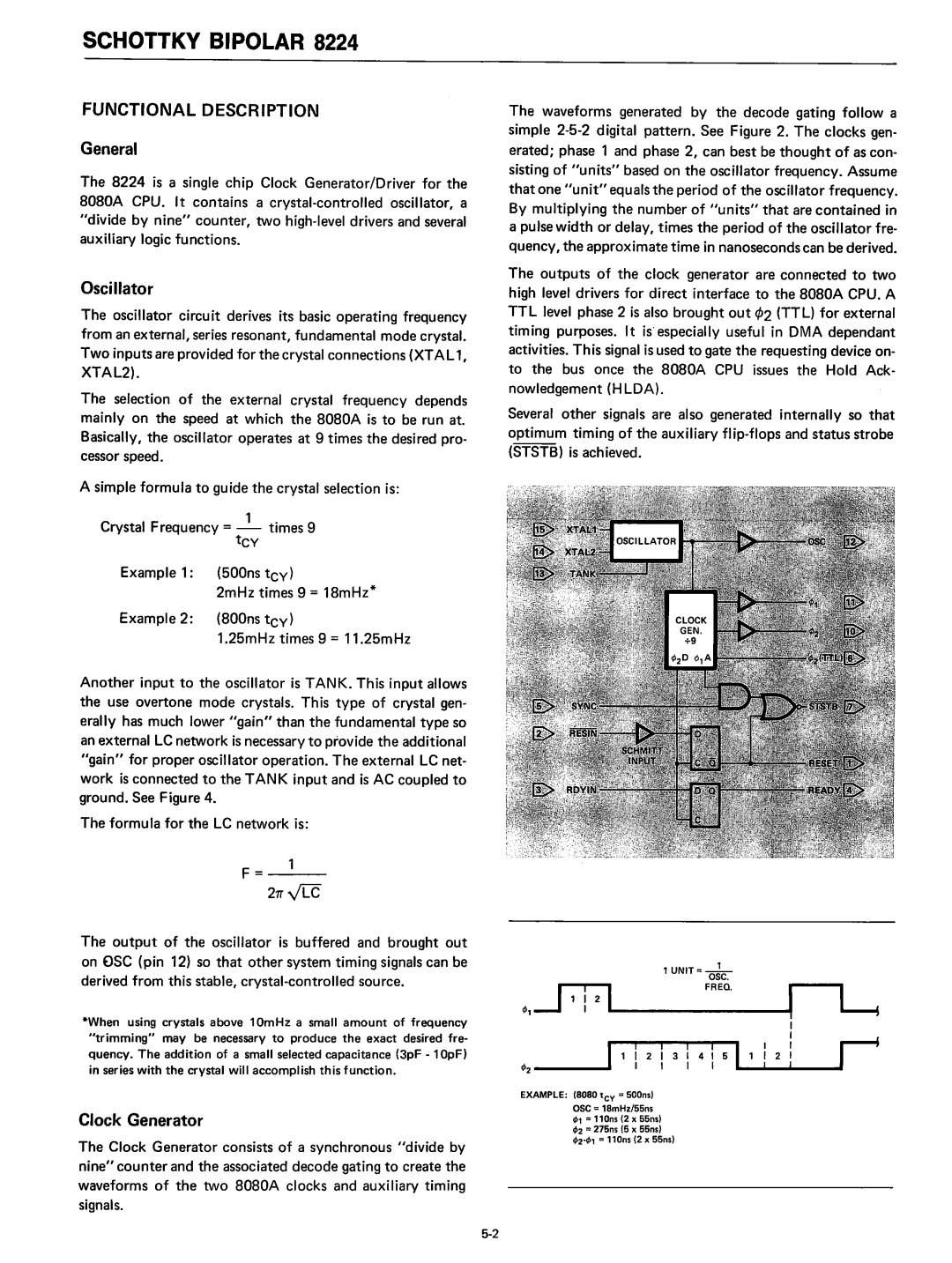 Intel 8080 manual Functional Description, General, Oscillator, Clock Generator 