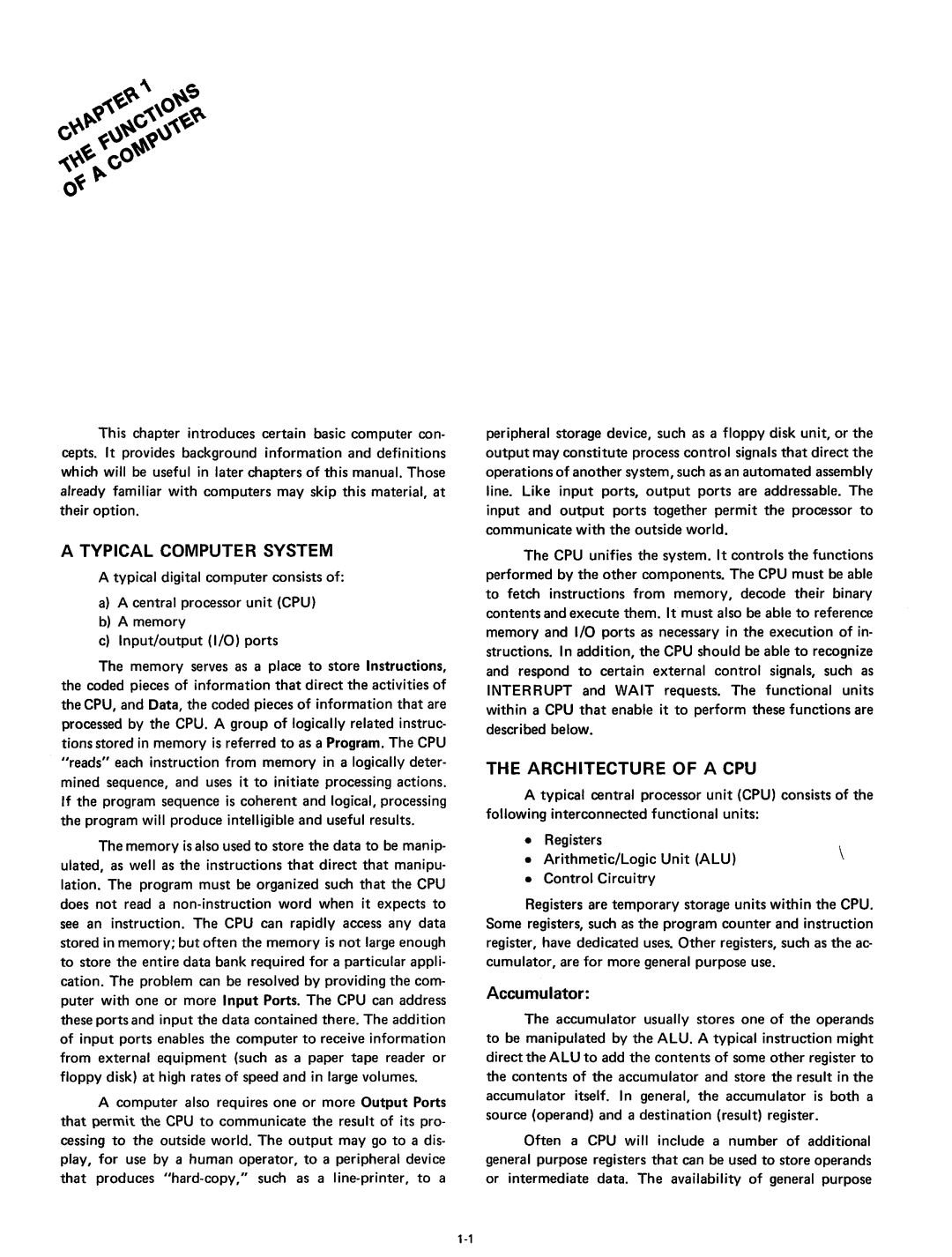 Intel 8080 manual Typical Computer System, Architecture of a CPU, Accumulator 