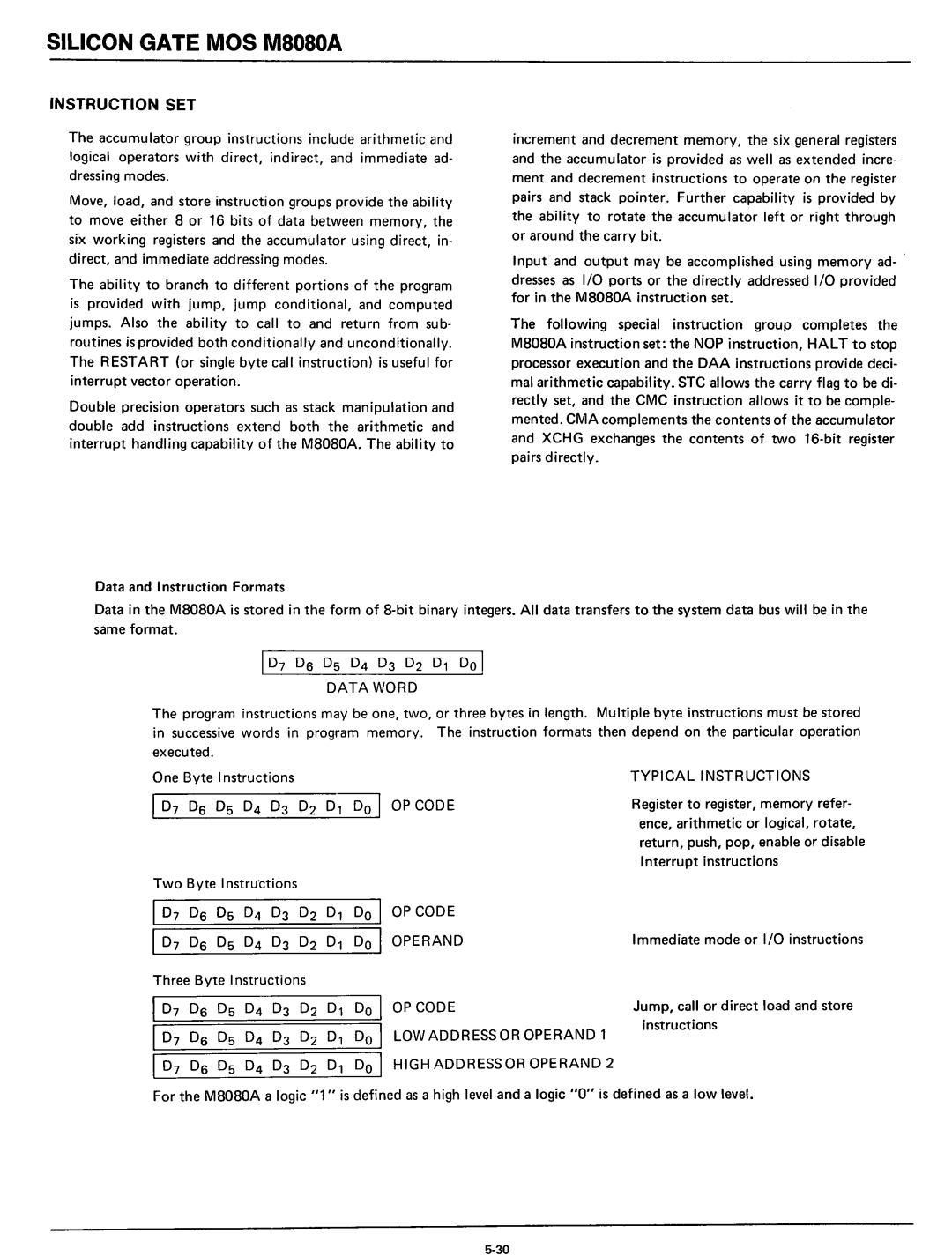 Intel 8080 manual Register to regist~r, memory refer, Ence, arithmetic or logical, rotate, Interrupt instructions 