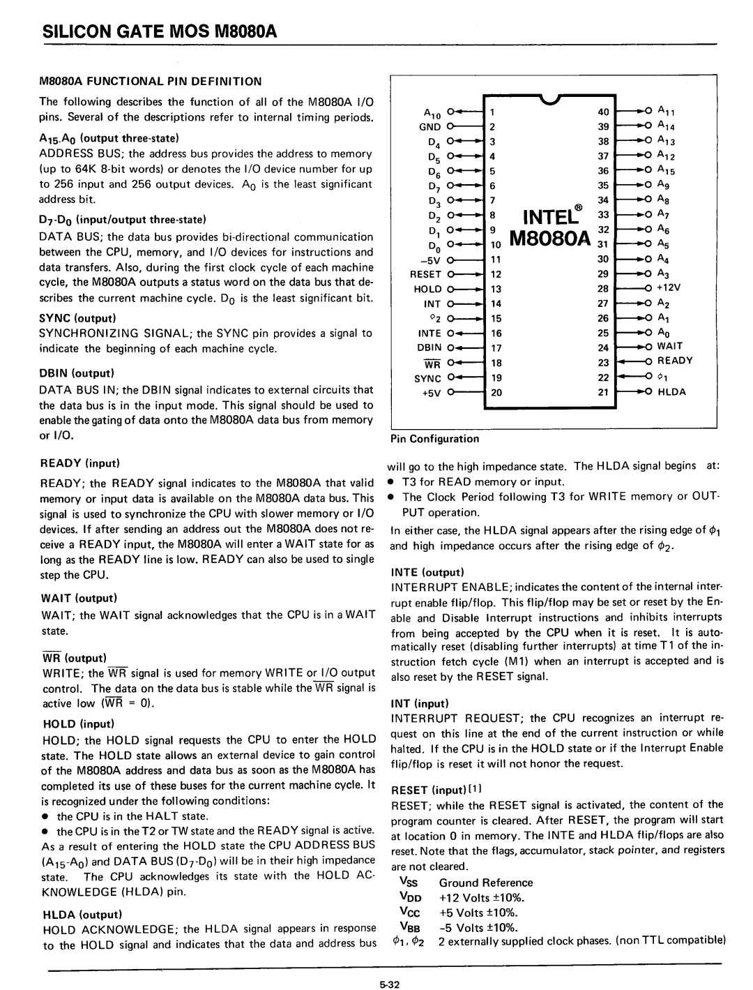 Intel manual Silicon Gate MOS M8080A, M8080A Functional PIN Definition 