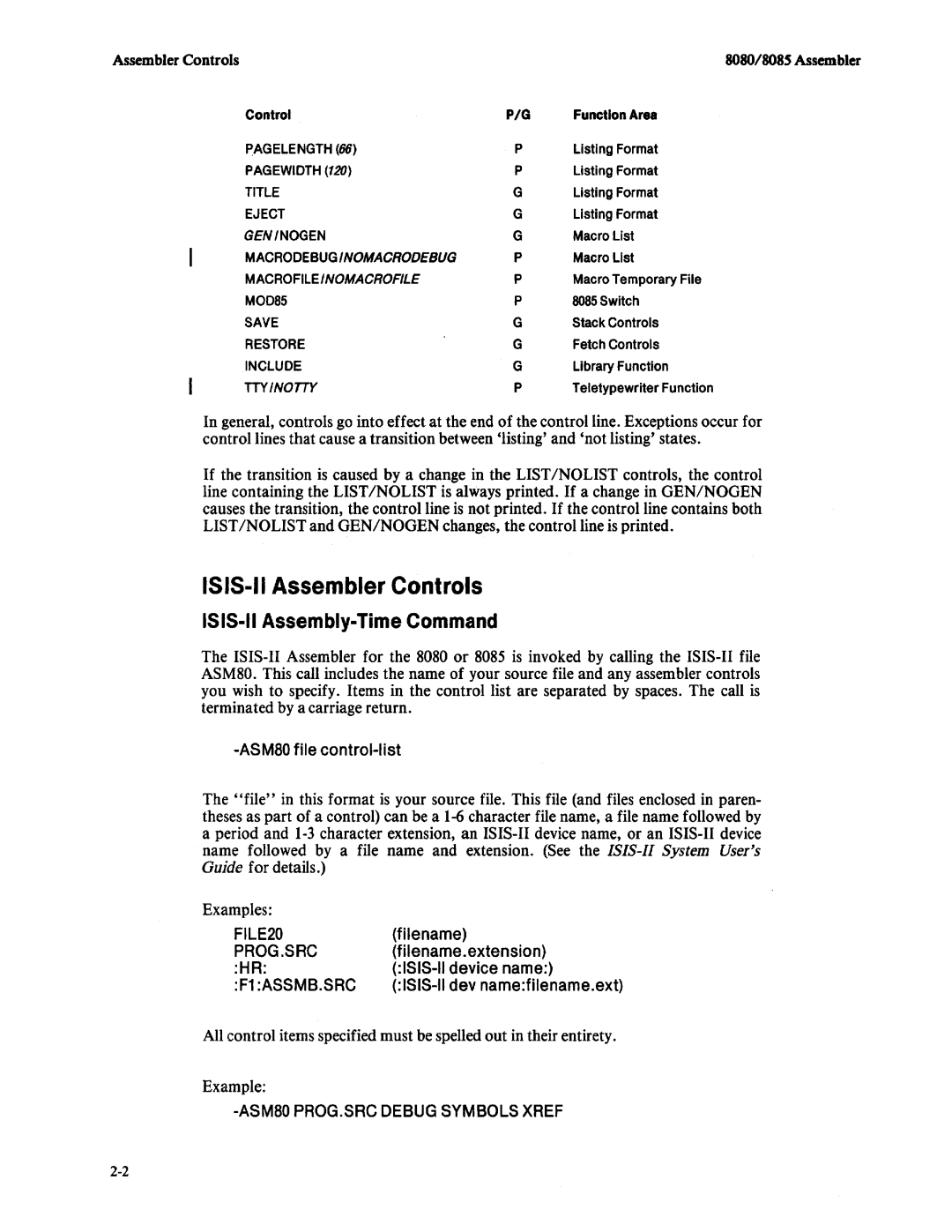 Intel 8085, 8080 manual ISIS·IIAssembler Controls 