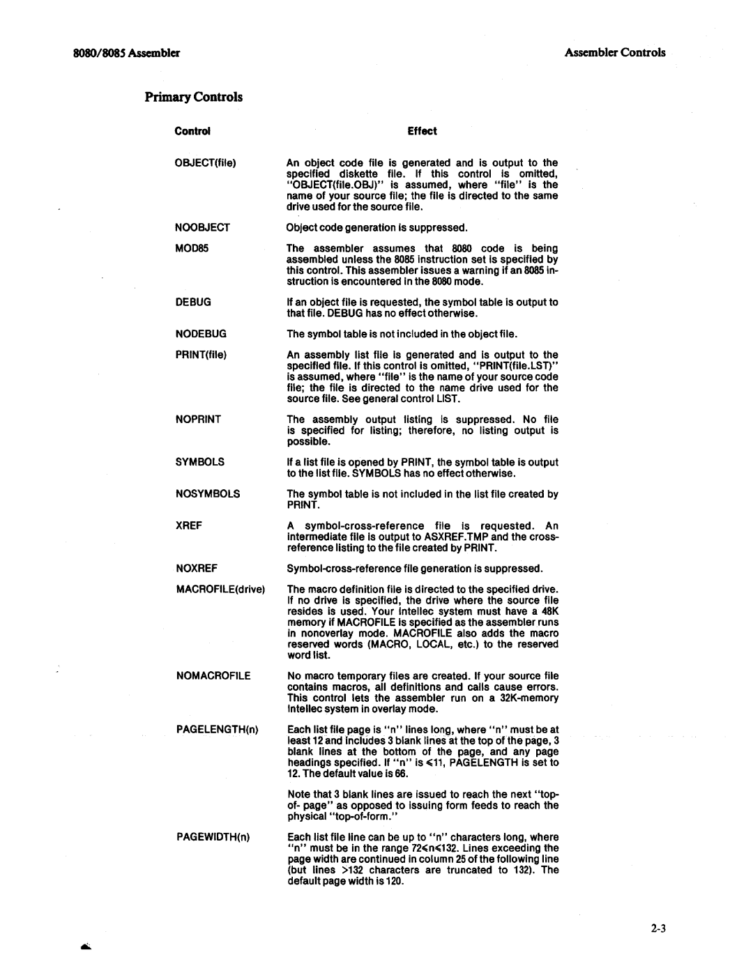 Intel 8080, 8085 manual Primary Controls 