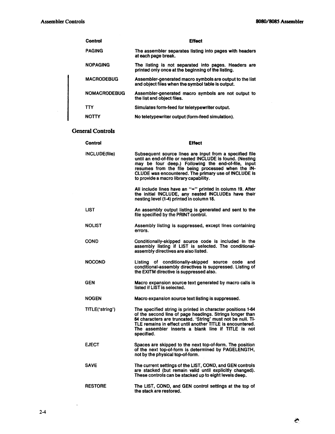 Intel 8085, 8080 manual General Controls 