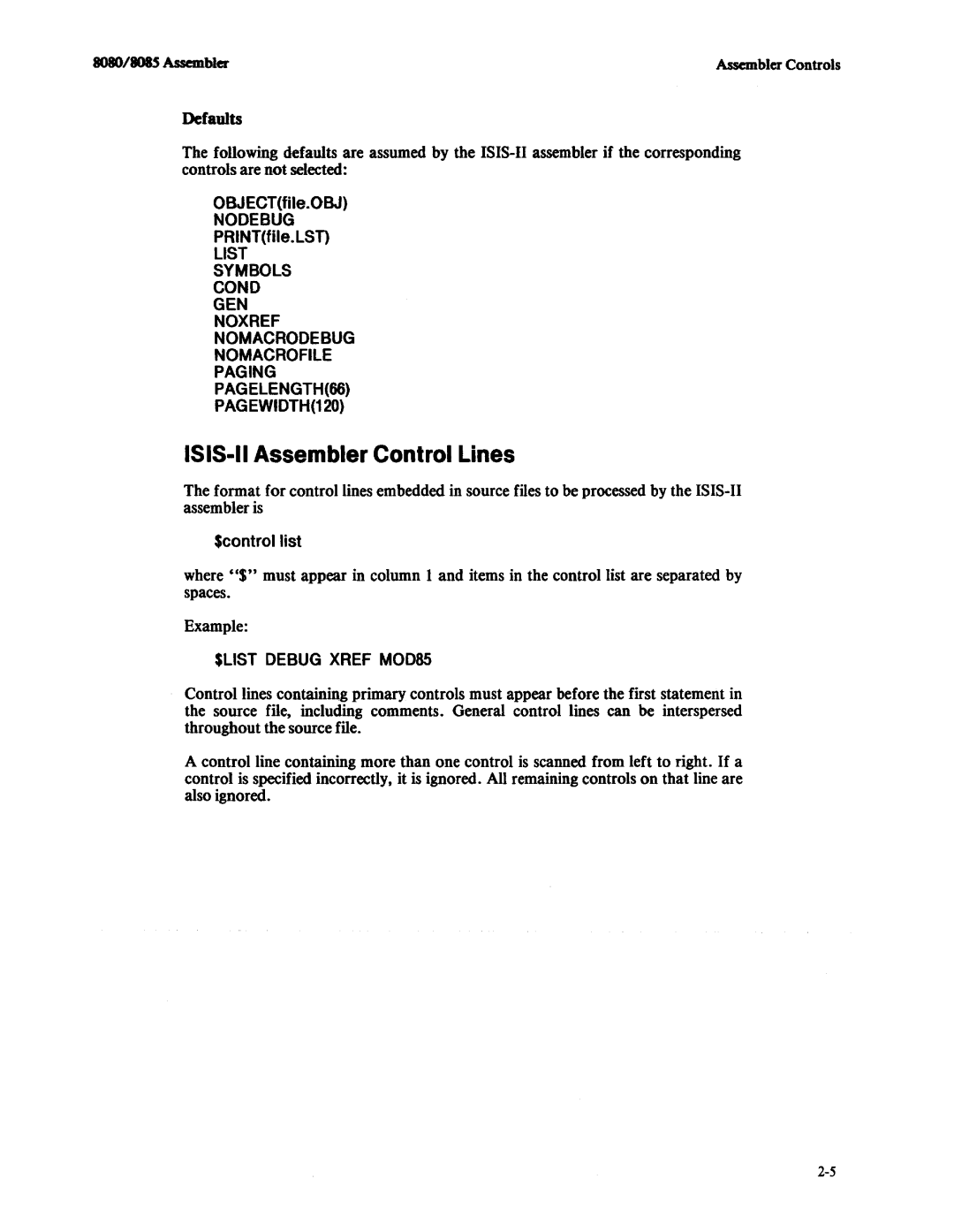 Intel 8080, 8085 manual ISIS-II Assembler Control Lines 