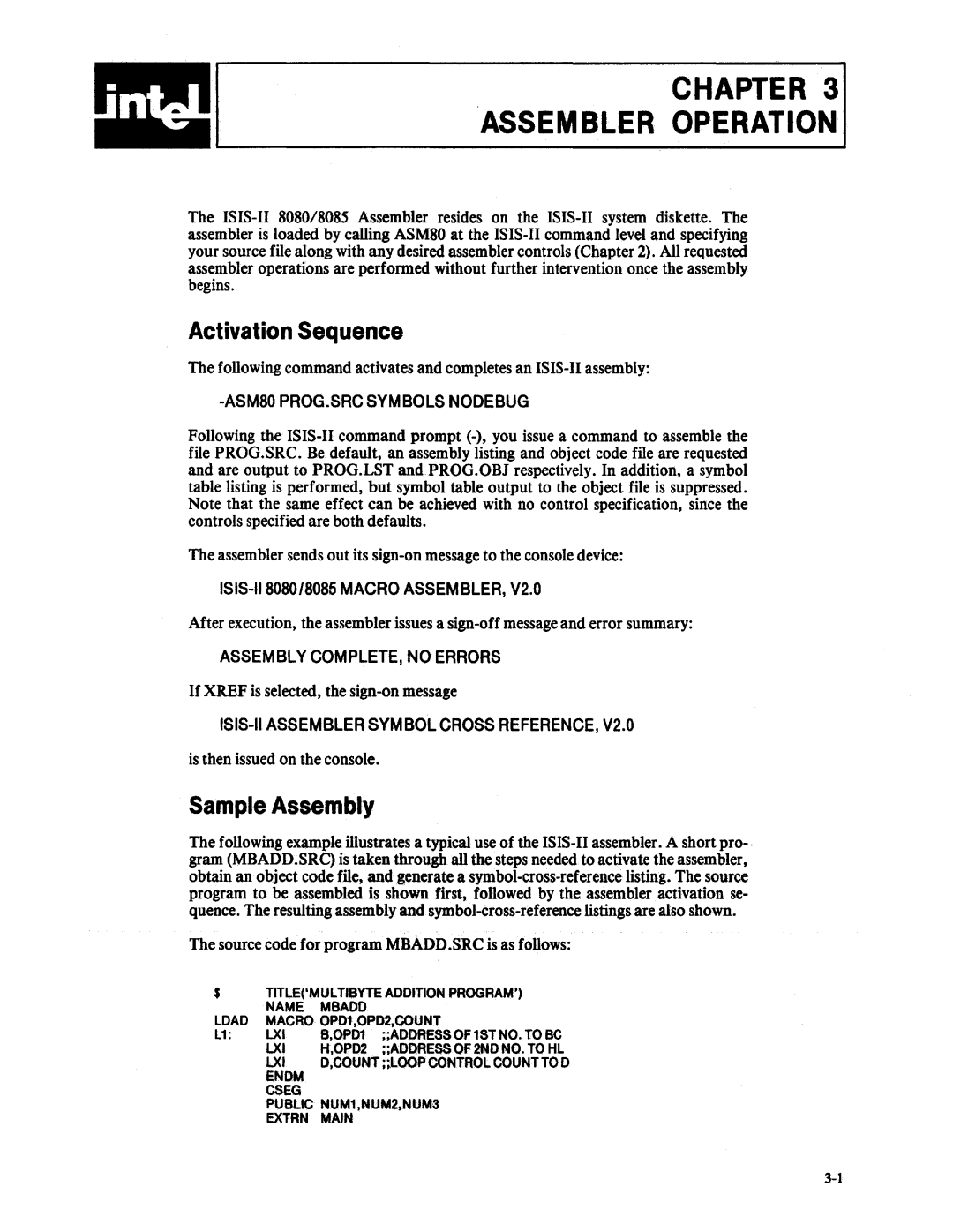 Intel 8080, 8085 manual Activation Sequence, Sample Assembly 