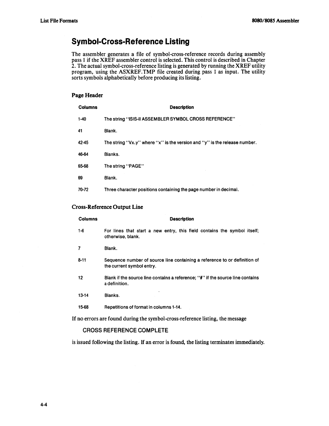 Intel 8085, 8080 manual Symbol-Cross-Reference Listing, Cross-Reference Output Line 