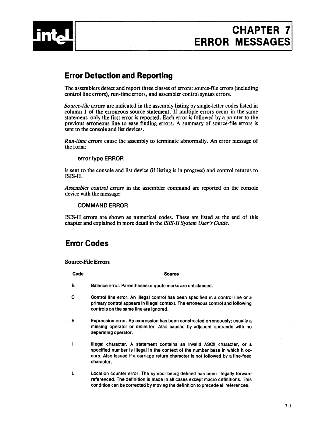 Intel 8080, 8085 manual Error Detection and Reporting, Error Codes 