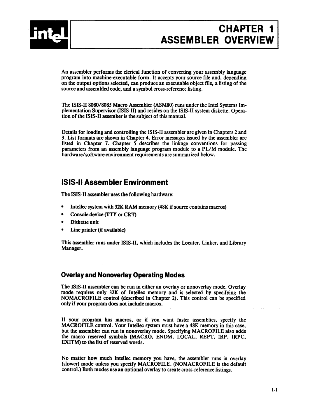 Intel 8080, 8085 manual Chapter Assembler Overview, ISIS-II Assembler Environment 