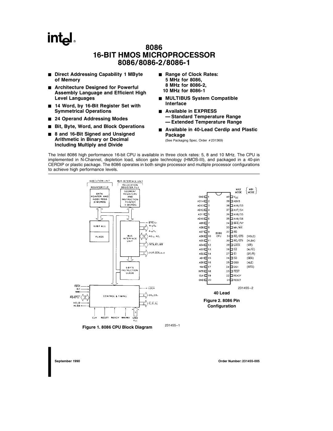 Intel 8086-1, 8086-2 manual Pin Configuration, CPU Block Diagram 