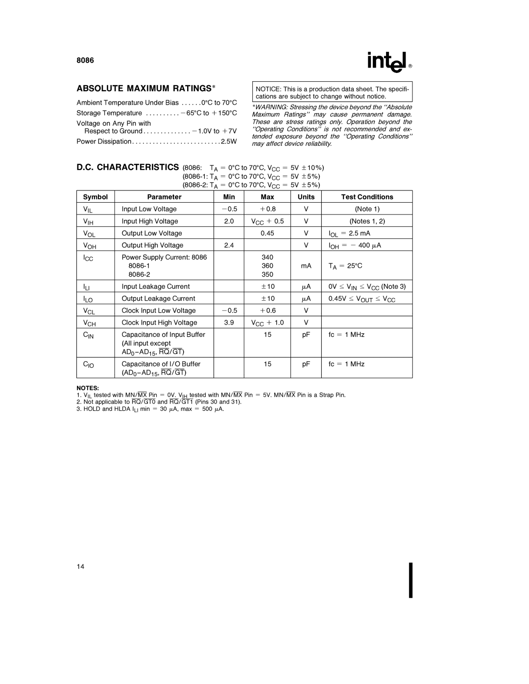 Intel 8086-2, 8086-1 manual Absolute Maximum Ratings 