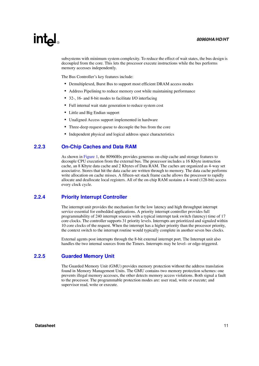 Intel 80960HA, 80960HD, 80960HT manual On-Chip Caches and Data RAM 