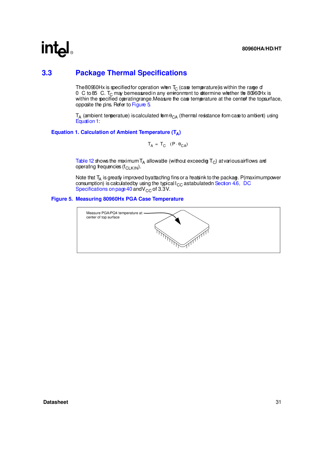 Intel 80960HT, 80960HD, 80960HA manual Package Thermal Specifications, Equation 1. Calculation of Ambient Temperature TA 