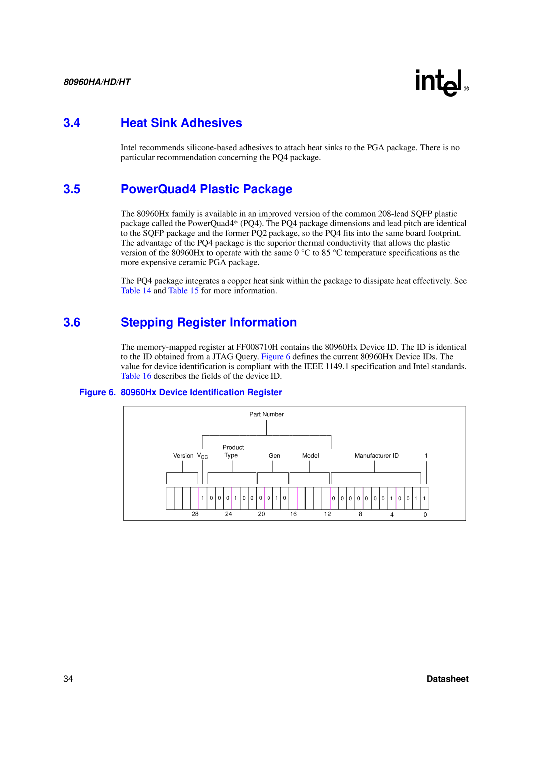 Intel 80960HT, 80960HD, 80960HA manual Heat Sink Adhesives, PowerQuad4 Plastic Package, Stepping Register Information 