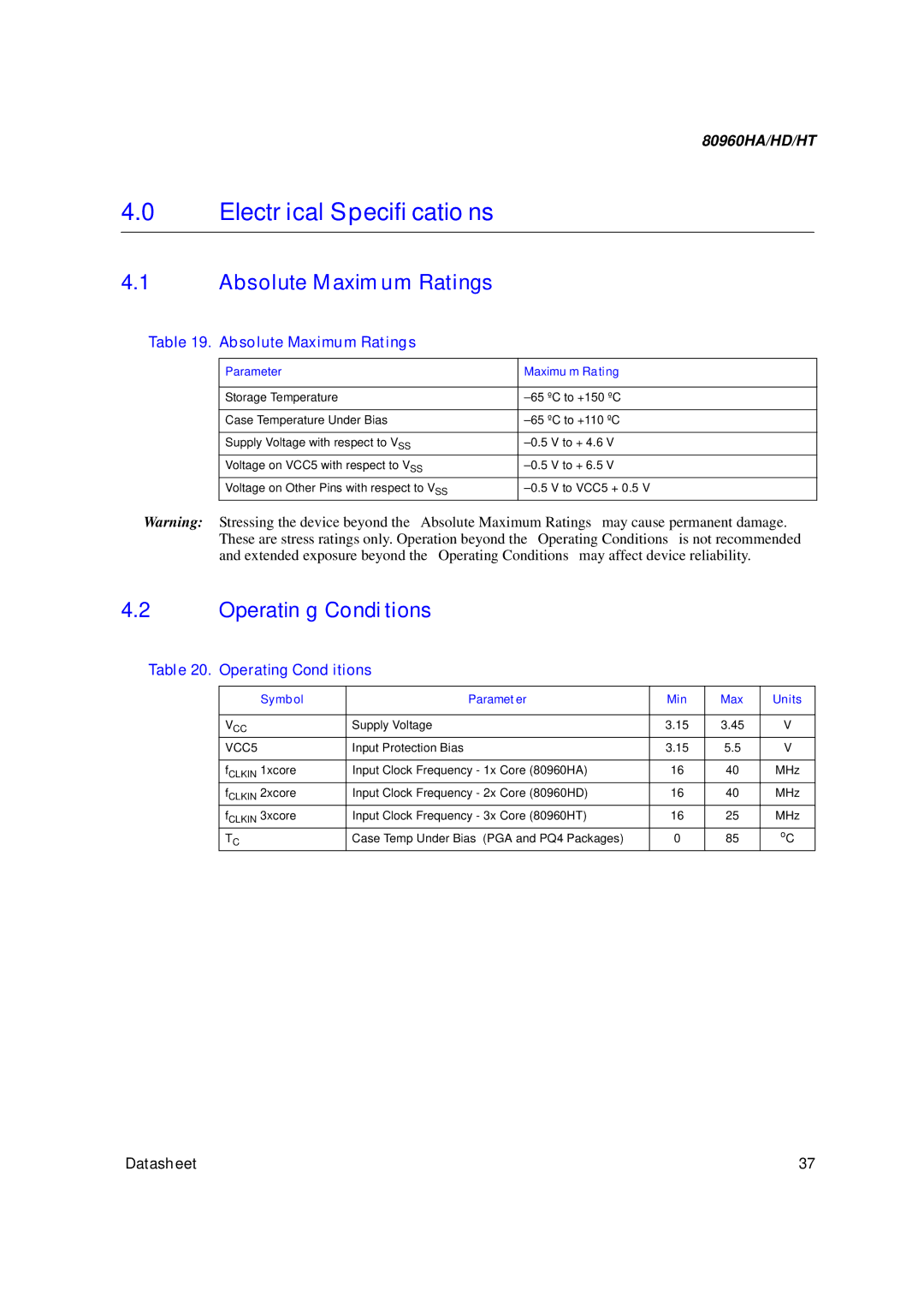 Intel 80960HT, 80960HD, 80960HA manual Absolute Maximum Ratings, Operating Conditions 