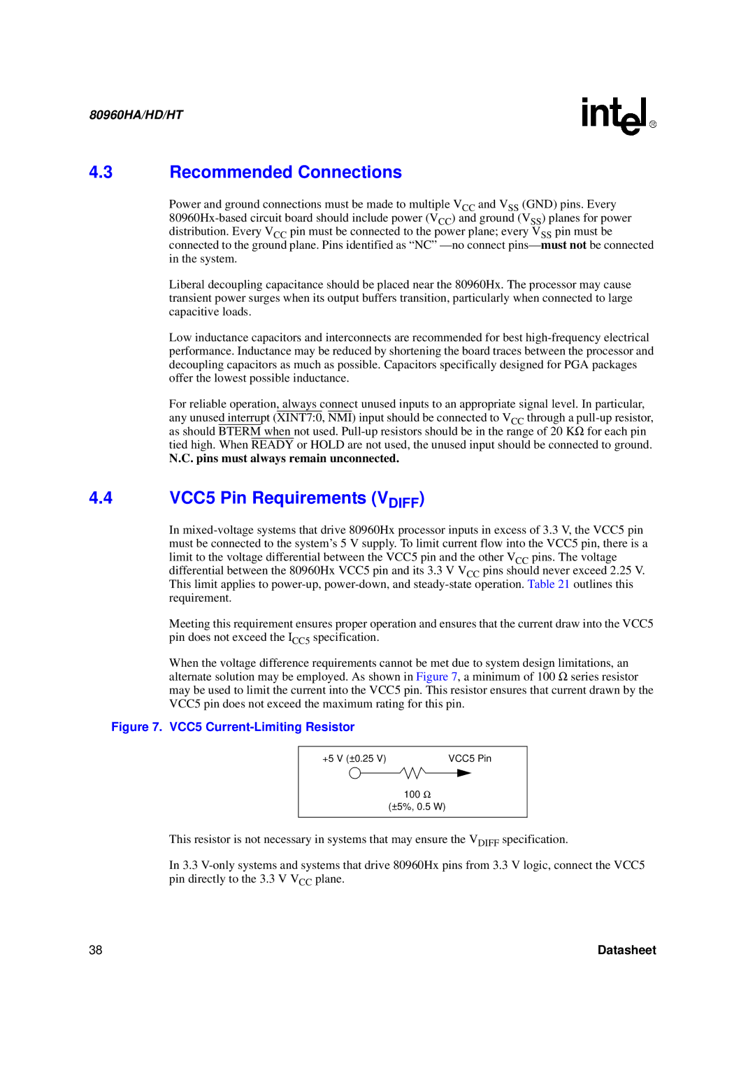 Intel 80960HA, 80960HD, 80960HT manual Recommended Connections, VCC5 Pin Requirements Vdiff 