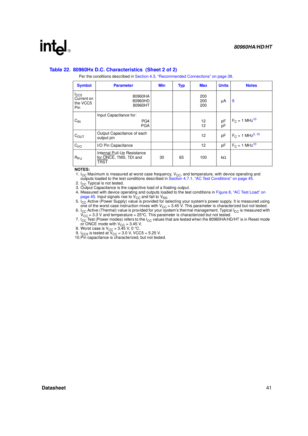 Intel 80960HA, 80960HD, 80960HT manual Hx D.C. Characteristics, Sheet 2 