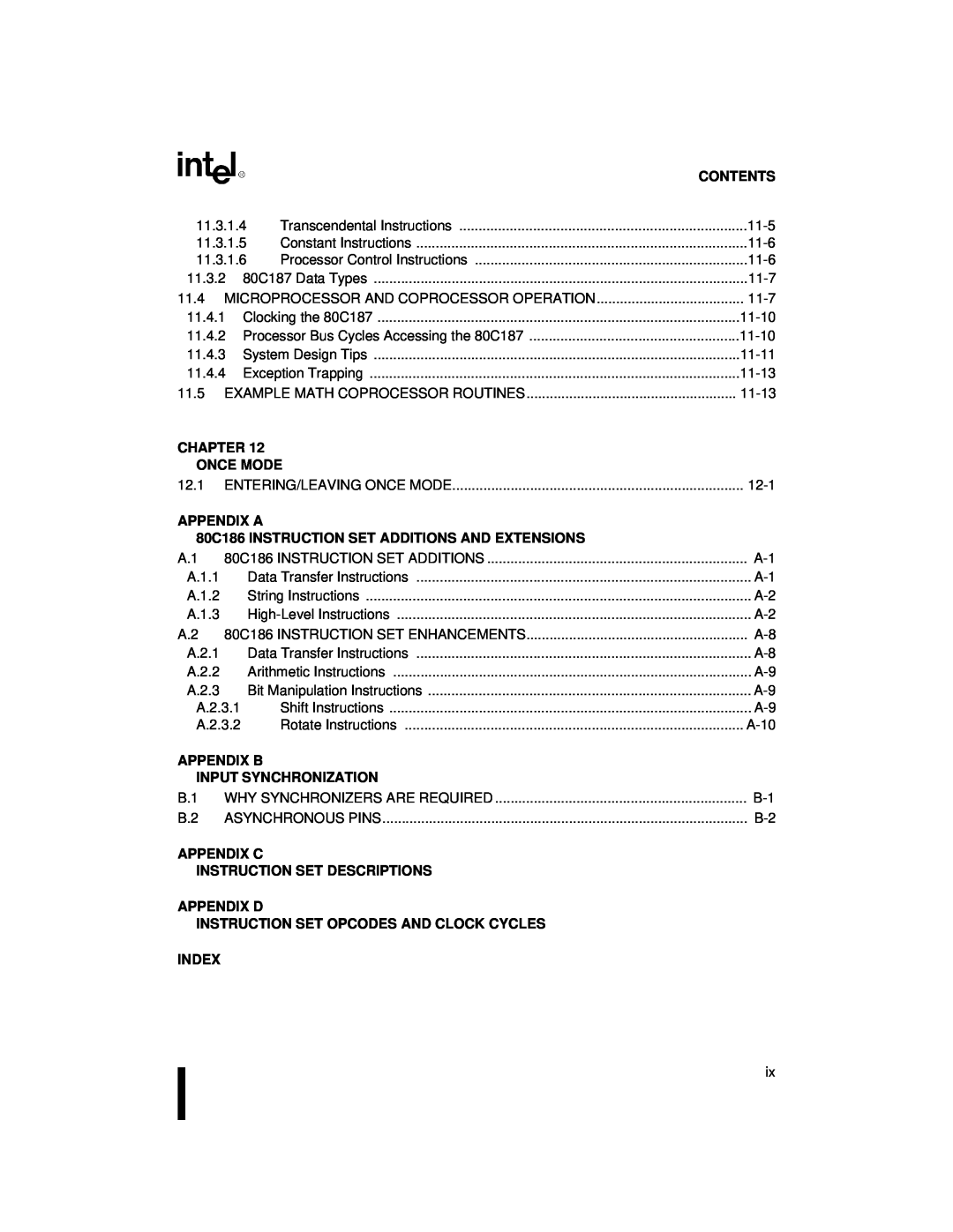 Intel 80C188XL Contents, Chapter, Once Mode, Appendix A, 80C186 INSTRUCTION SET ADDITIONS AND EXTENSIONS, Appendix B 