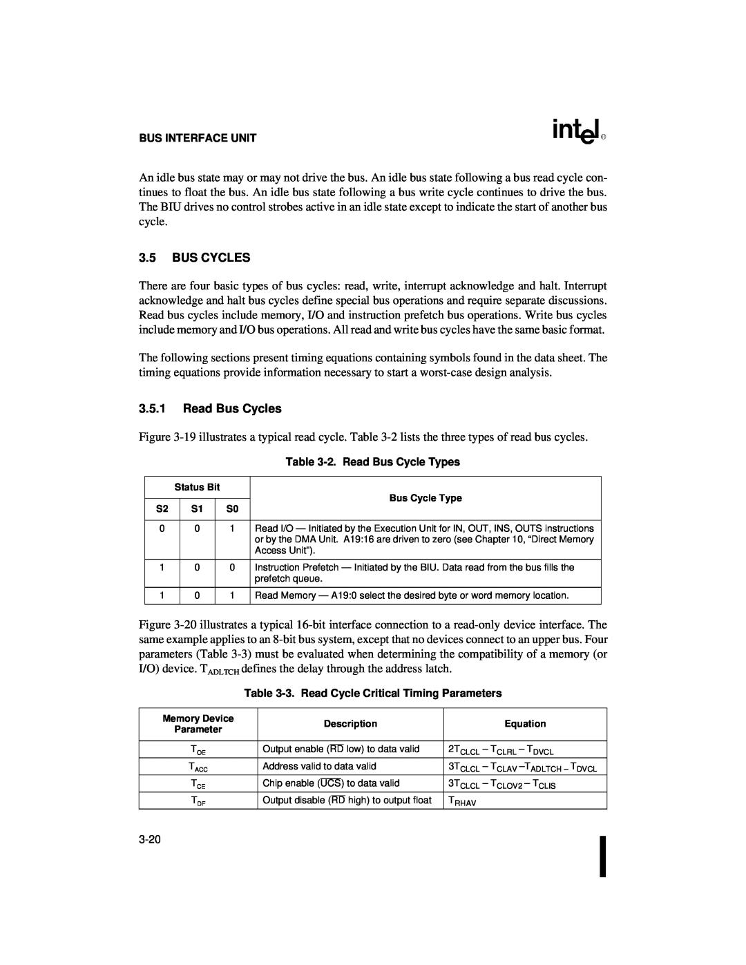 Intel 80C186XL, 80C188XL user manual 3.5BUS CYCLES, 3.5.1Read Bus Cycles, Bus Interface Unit, 2. Read Bus Cycle Types 