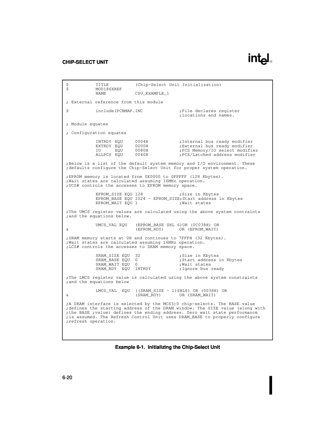 Intel 80C186XL, 80C188XL user manual Chip-Selectunit, Example 6-1.Initializing the Chip-SelectUnit 