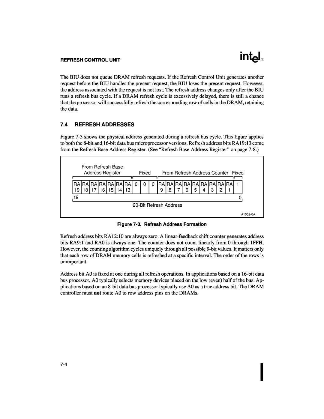 Intel 80C186XL, 80C188XL user manual 7.4REFRESH ADDRESSES, Refresh Control Unit, 3.Refresh Address Formation 
