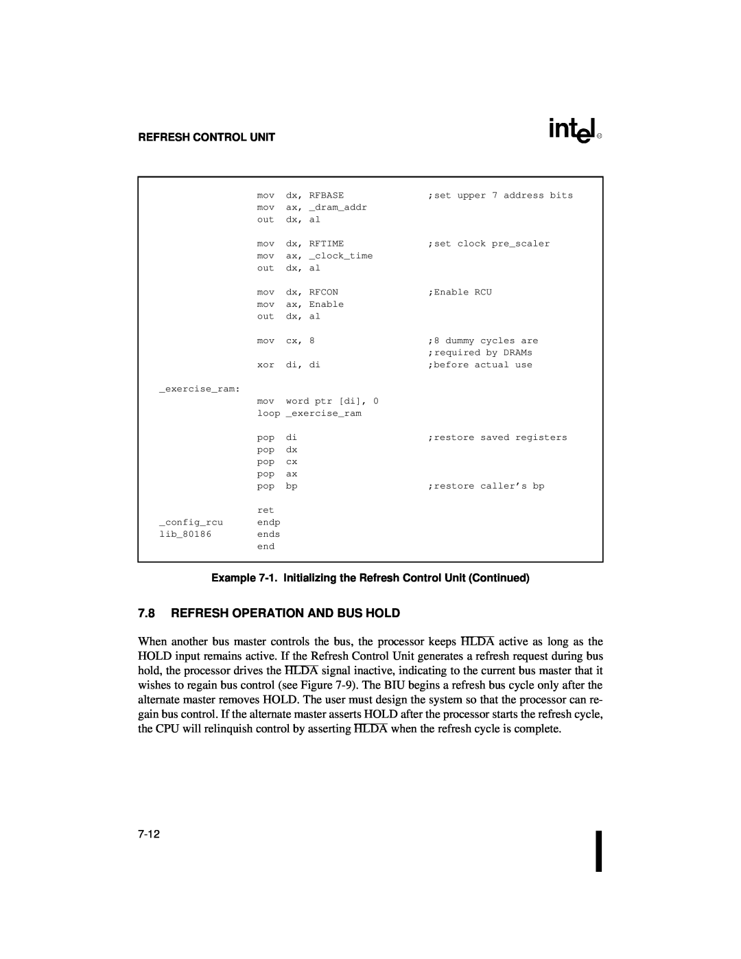 Intel 80C186XL, 80C188XL user manual 7.8REFRESH OPERATION AND BUS HOLD, Refresh Control Unit 