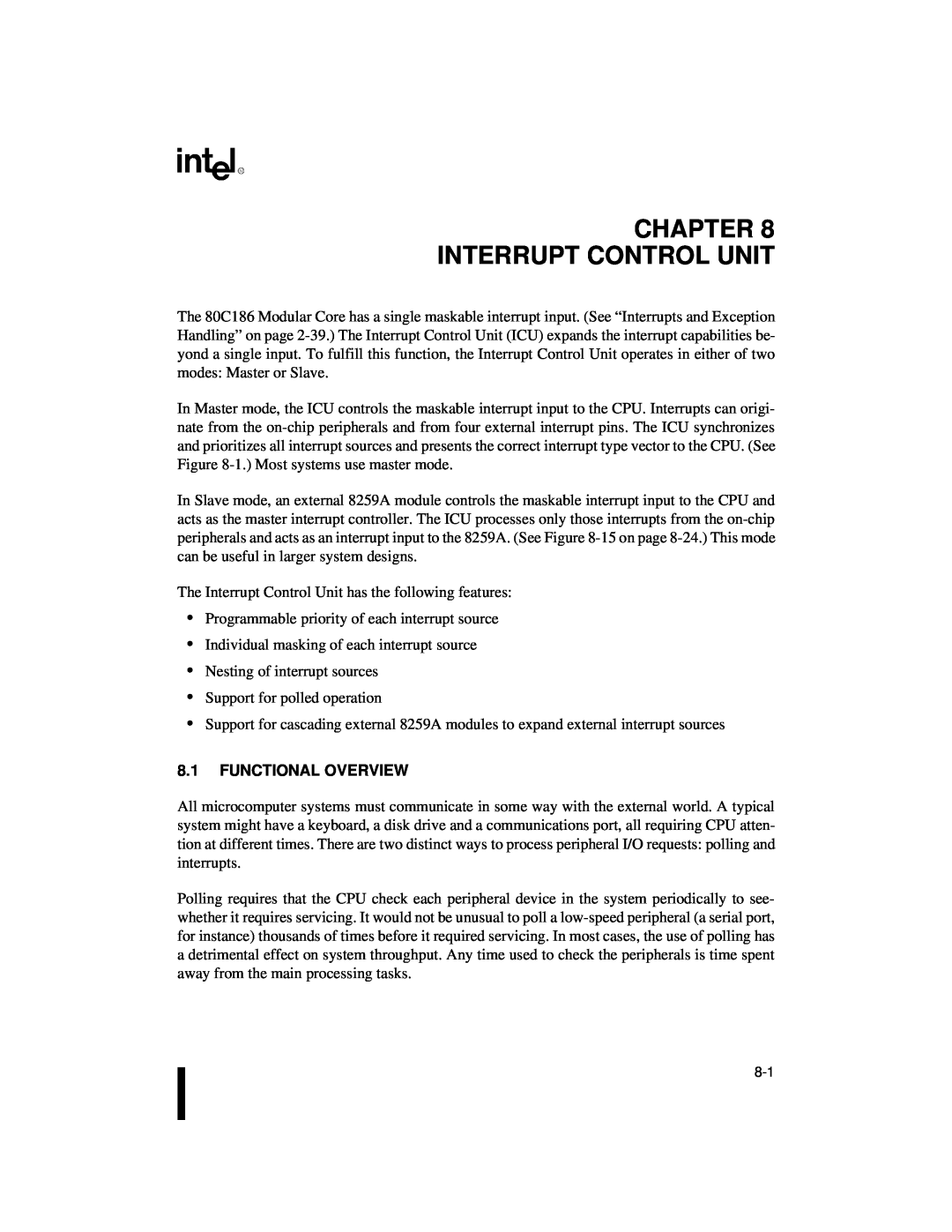 Intel 80C188XL, 80C186XL user manual Chapter Interrupt Control Unit, 8.1FUNCTIONAL OVERVIEW 
