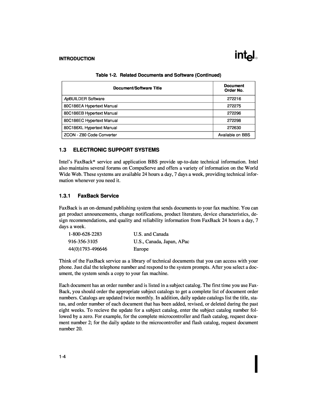 Intel 80C186XL, 80C188XL user manual 1.3ELECTRONIC SUPPORT SYSTEMS, 1.3.1FaxBack Service 