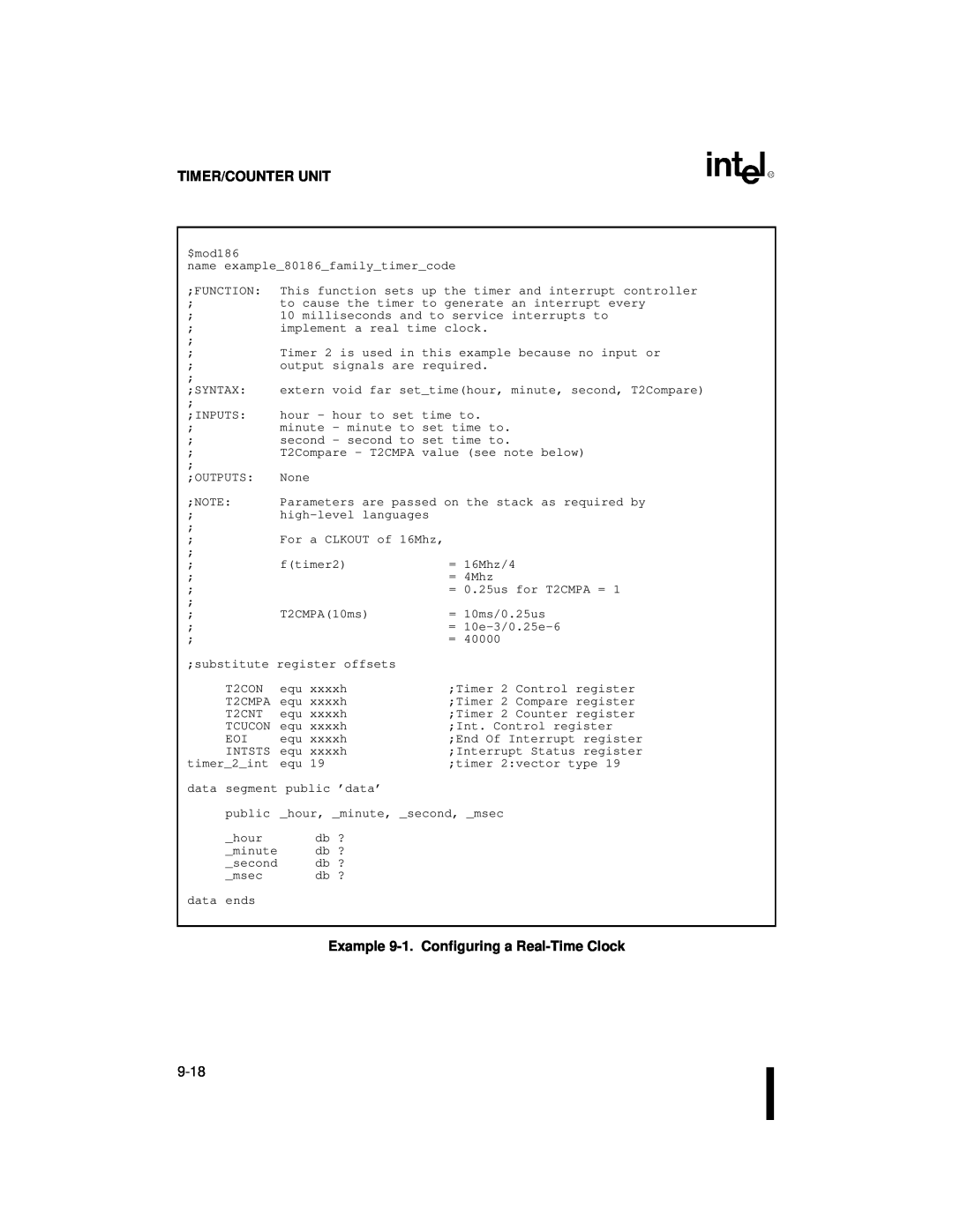 Intel 80C186XL, 80C188XL user manual Timer/Counter Unit, Example 9-1.Configuring a Real-TimeClock 