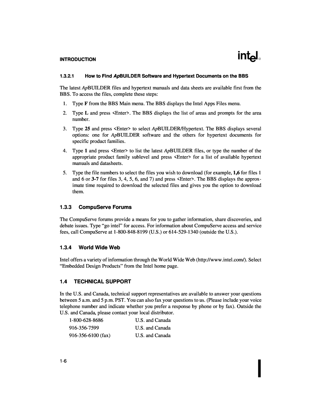 Intel 80C186XL, 80C188XL user manual 1.3.3CompuServe Forums, 1.3.4World Wide Web, 1.4TECHNICAL SUPPORT 