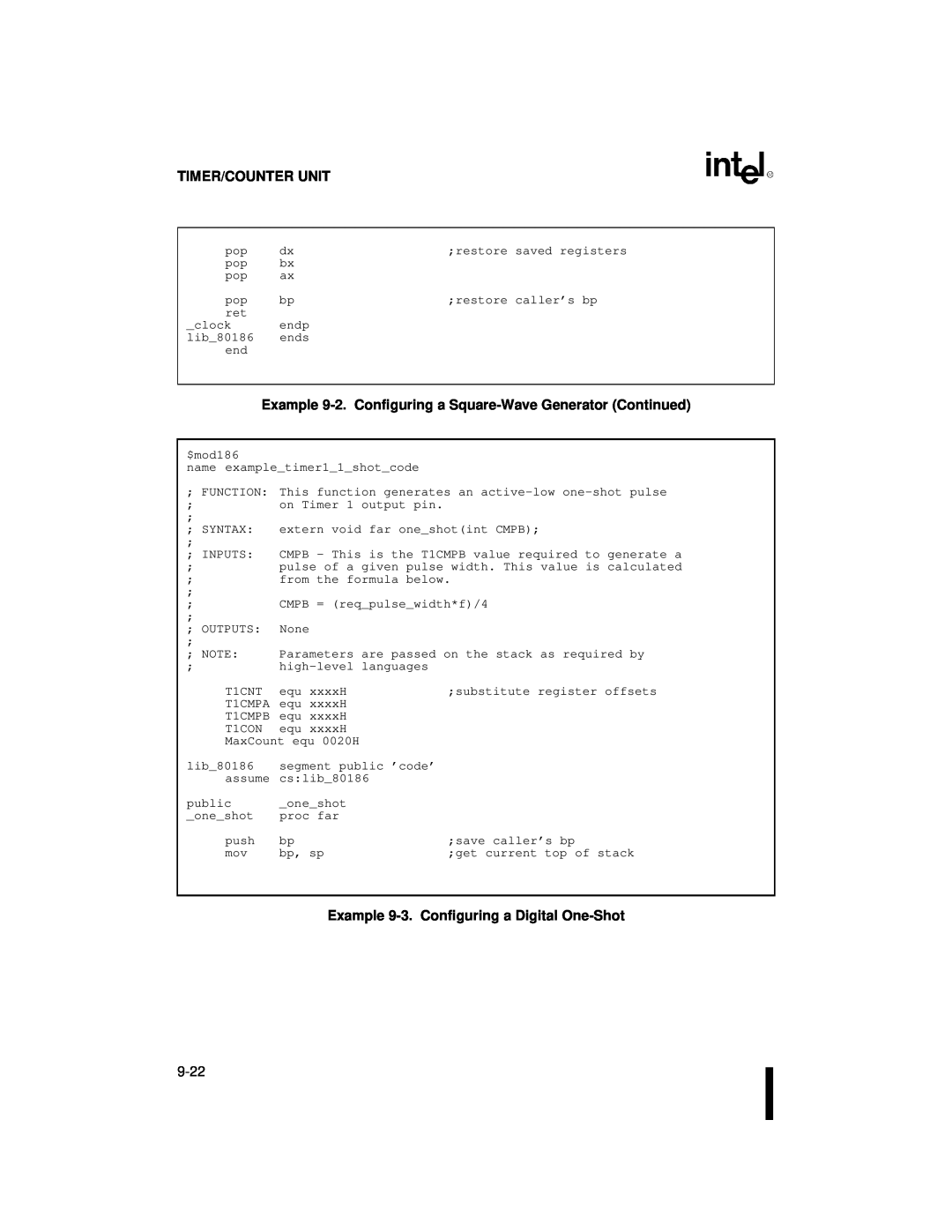 Intel 80C186XL, 80C188XL user manual Timer/Counter Unit, Example 9-3.Configuring a Digital One-Shot 