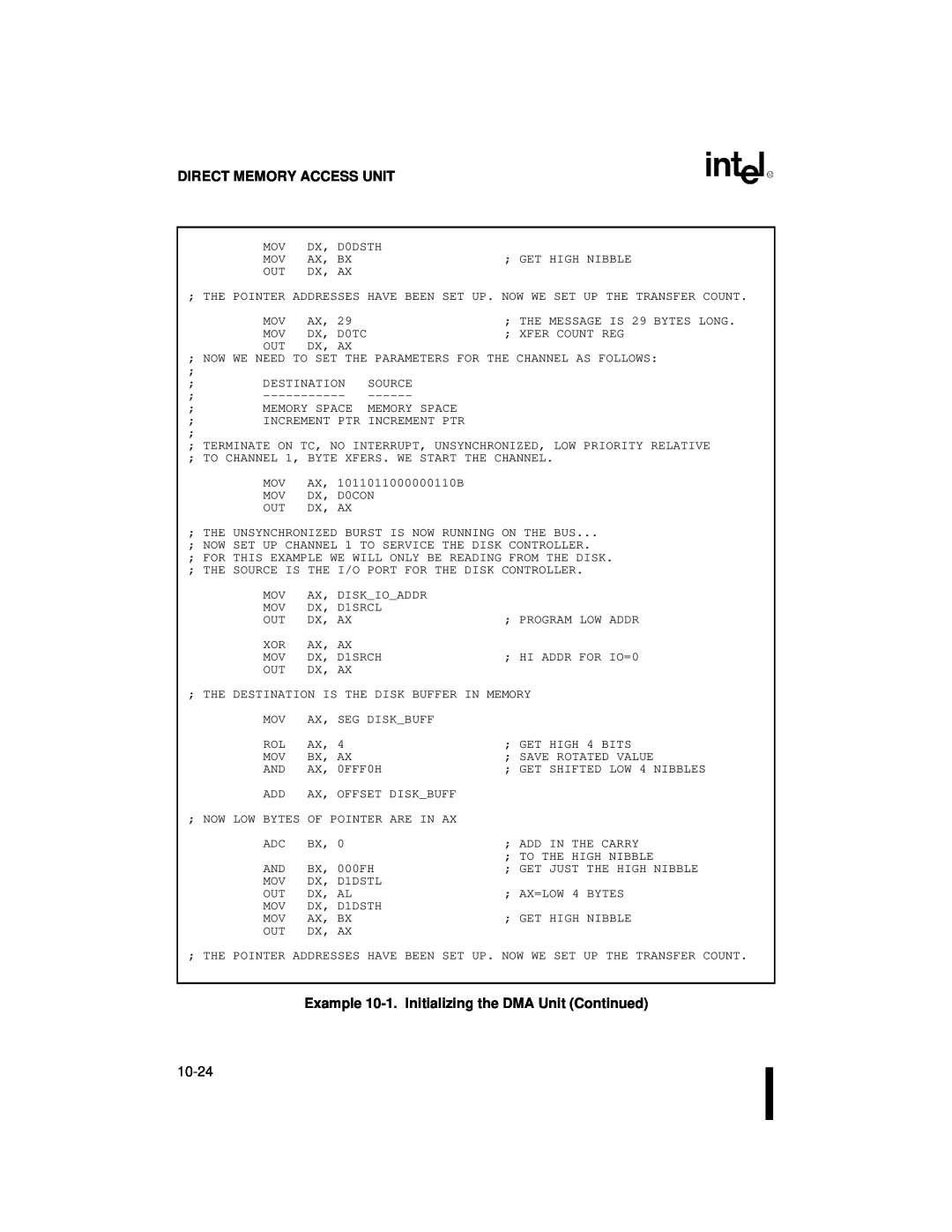 Intel 80C186XL, 80C188XL user manual Direct Memory Access Unit, Example 10-1.Initializing the DMA Unit Continued 