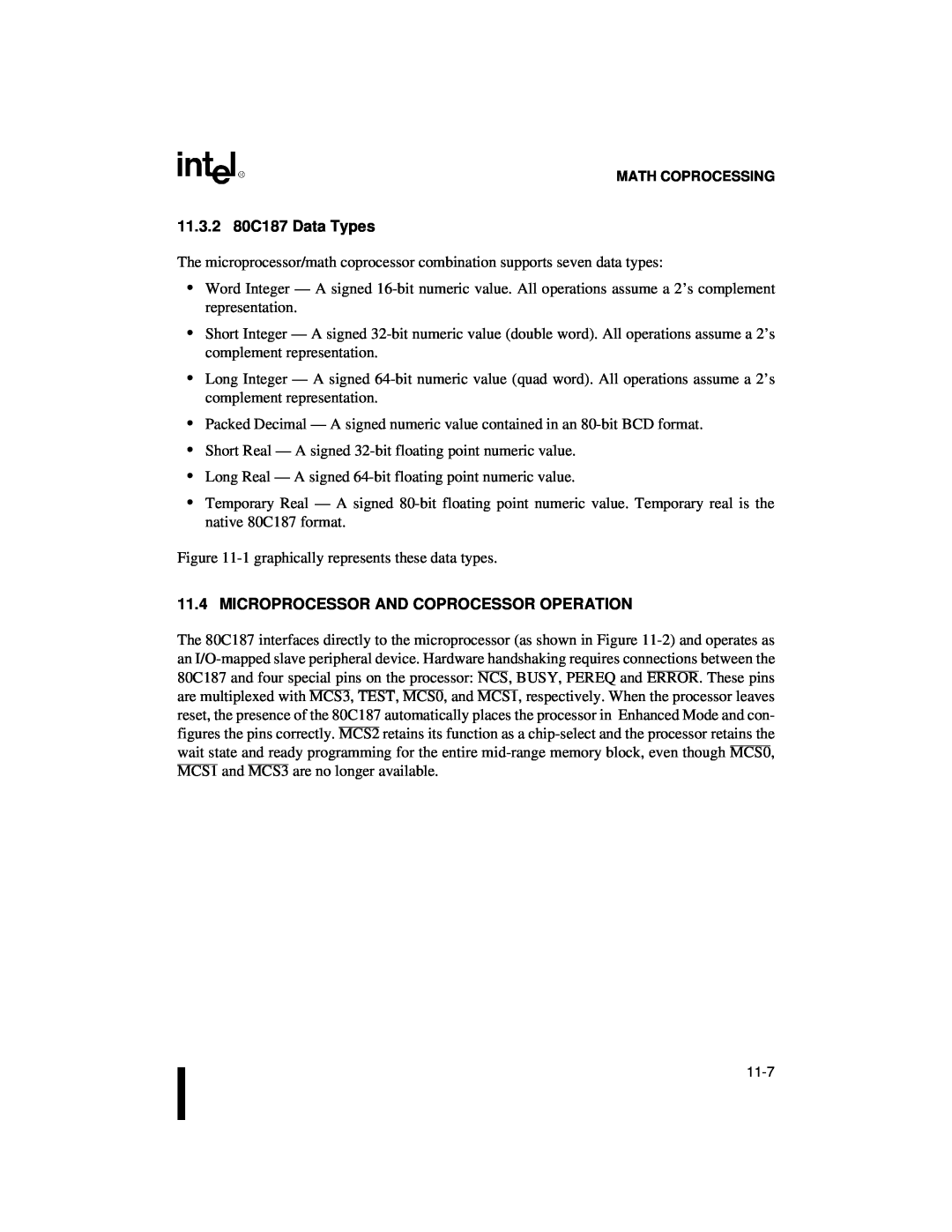 Intel 80C188XL, 80C186XL user manual 11.3.2 80C187 Data Types, Microprocessor And Coprocessor Operation 