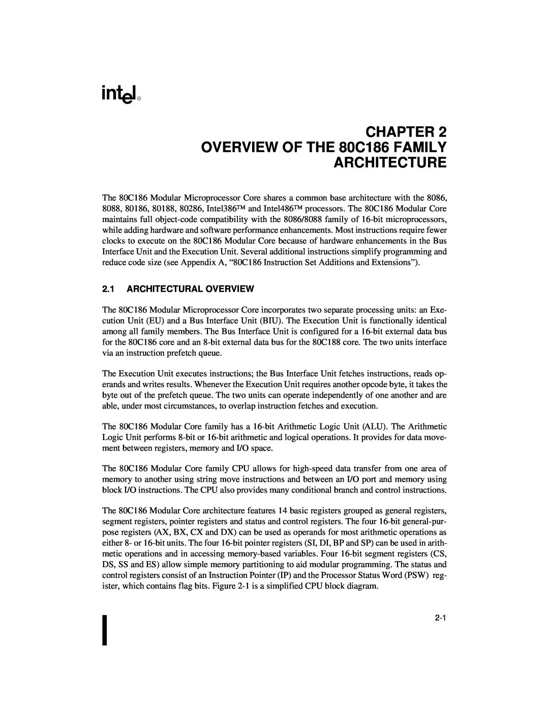 Intel 80C188XL, 80C186XL user manual CHAPTER OVERVIEW OF THE 80C186 FAMILY, Architecture, 2.1ARCHITECTURAL OVERVIEW 