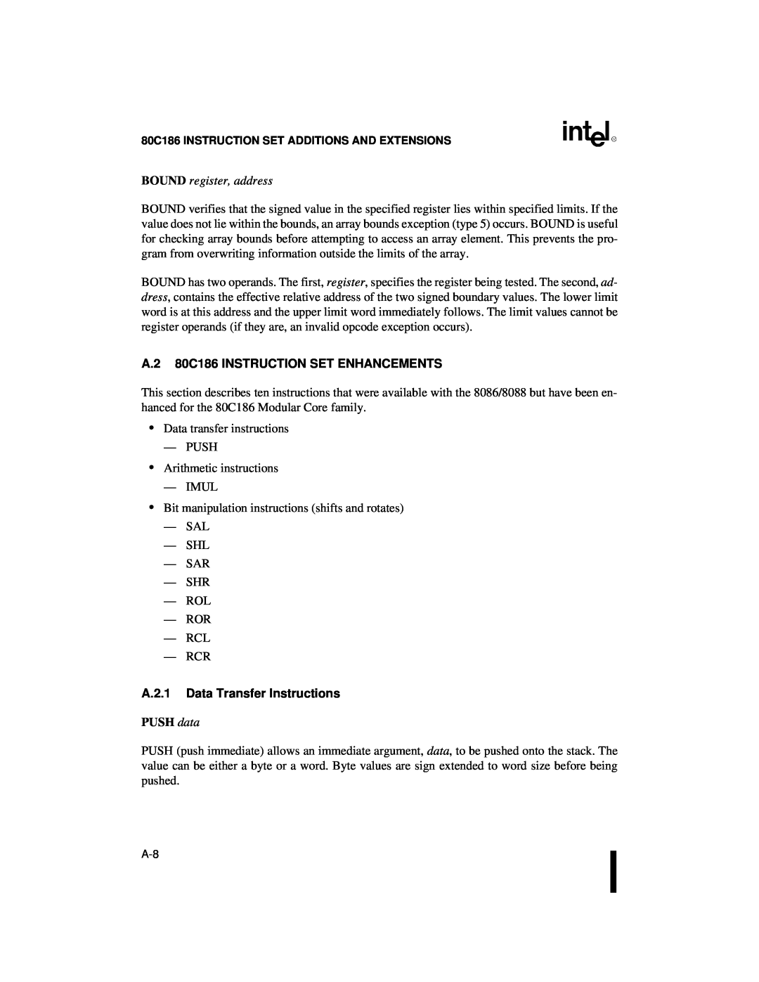 Intel 80C186XL BOUND register, address, A.2 80C186 INSTRUCTION SET ENHANCEMENTS, A.2.1 Data Transfer Instructions 